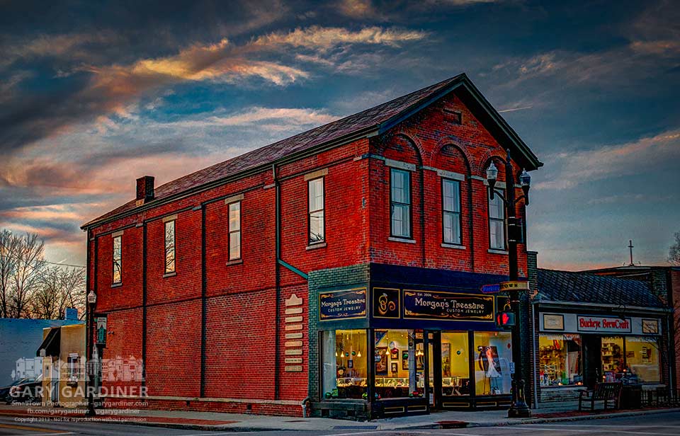 Corner building at State and Main in Uptown Westerville glows in the light of dusk. My Final Photo for Nov. 20, 2013.