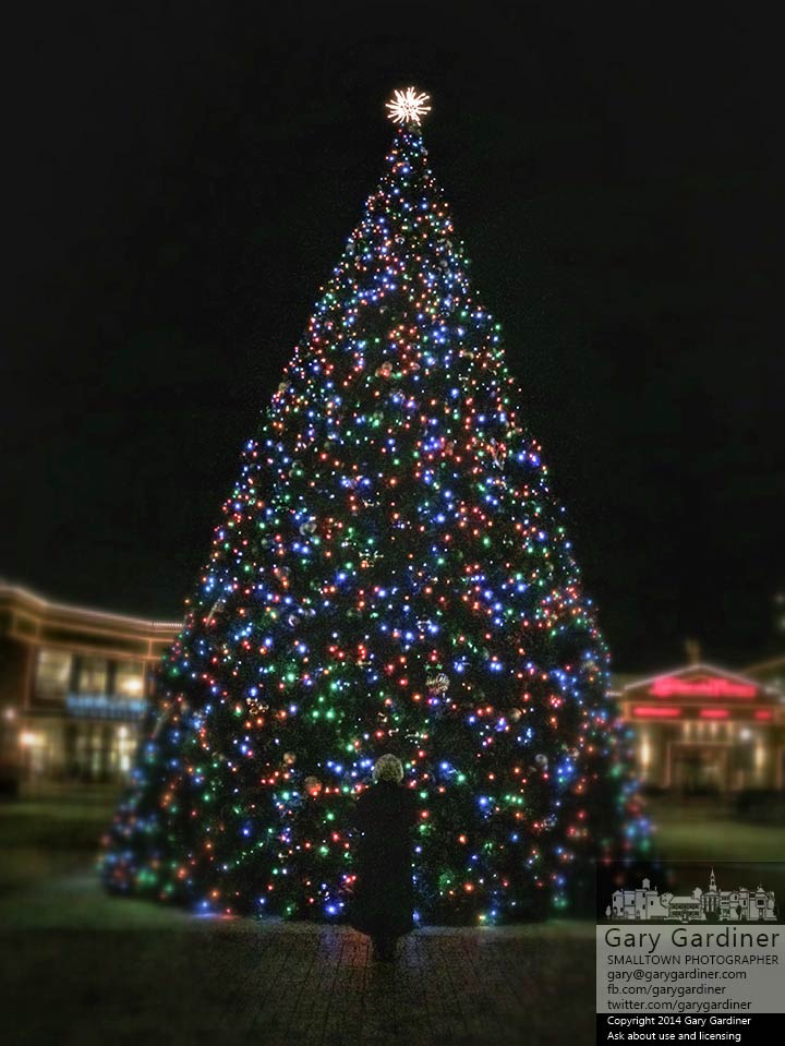 A woman stands at the base of the Christmas tree in the plaza at Easton Town Center. My Final Photo for Dec. 11, 2014.