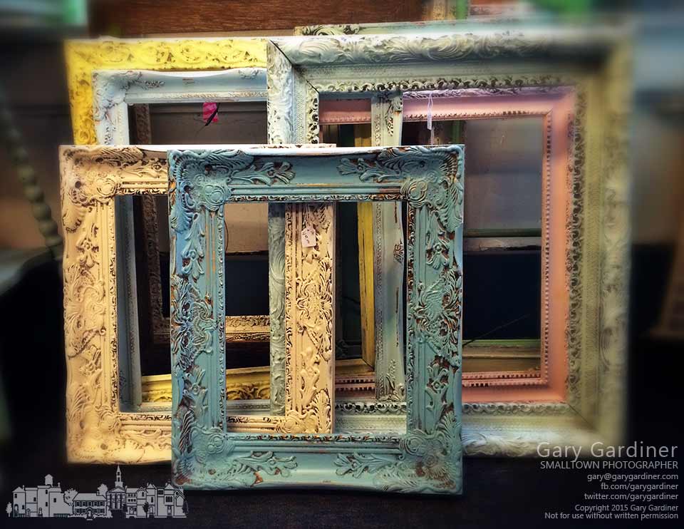 A collection of colorful frames sit in a display at Westerville Antiques in Uptown in this iPhone photo. My Final Photo for March 4, 2015.