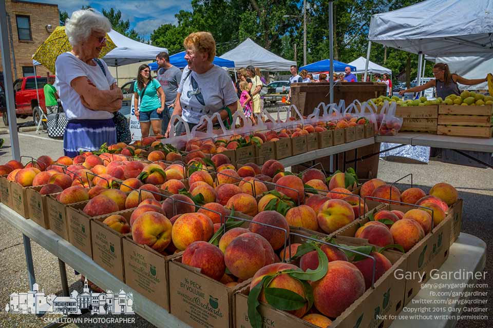 Shoppers gather at Branstool Orchard's space waiting for the opening of the Uptown Westerville Farmers Market with the first picking of Red Haven peaches for the summer after a rough winter that damaged many trees and limited the crop. My Final Photo for July 22, 2015.
