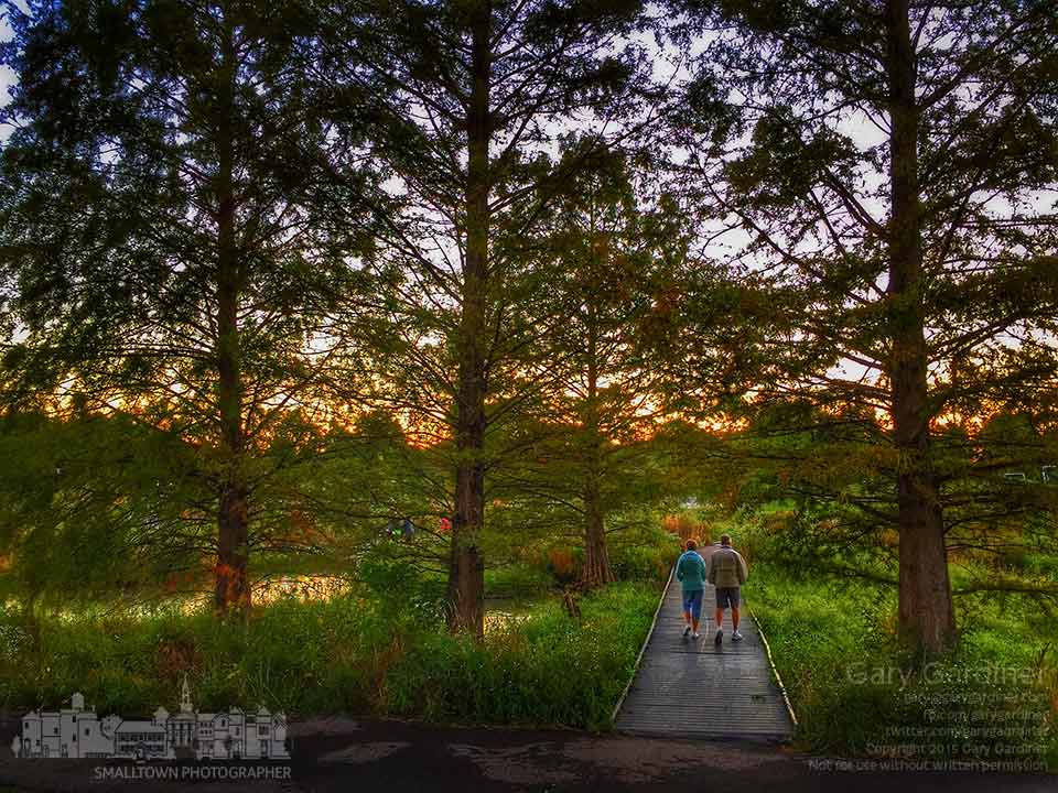 A couple walks together at sunset across the footbridge spanning the Highlands Park wetlands. My Final Photo for Sept. 19, 2015.