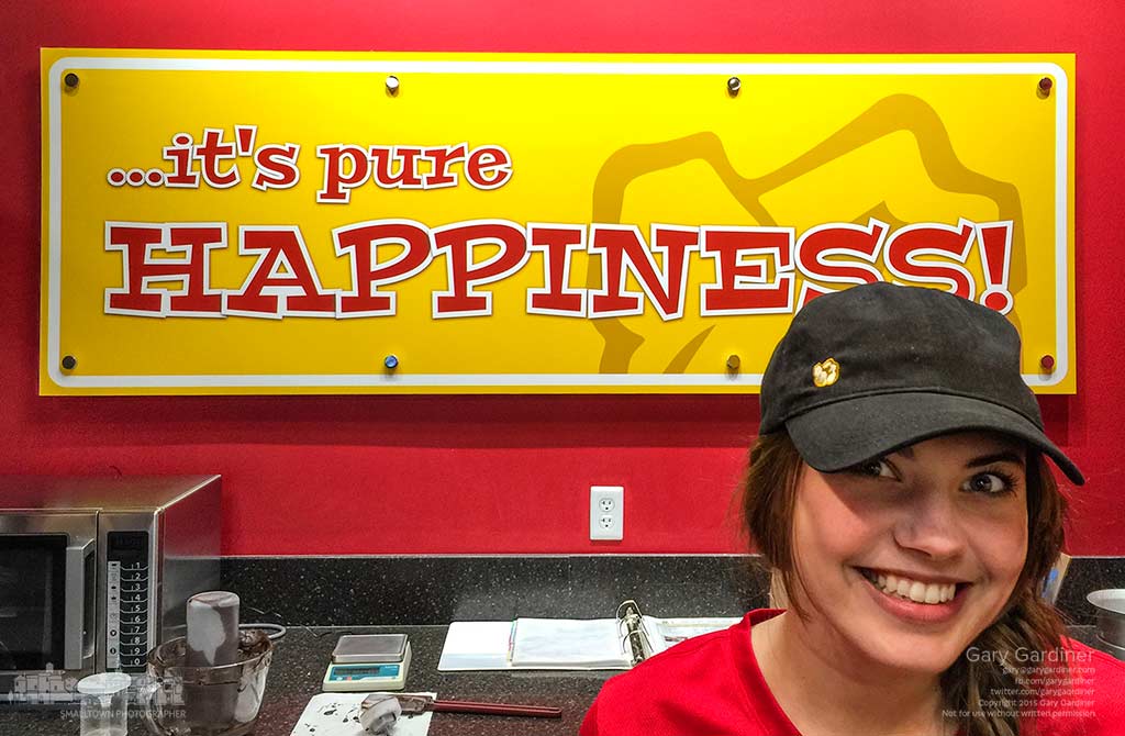 It's all smiles inside Shirley's gourmet Popcorn late in the afternoon after completing a batch of caramel dark chocolate popcorn. My Final Photo for Nov. 20, 2015.