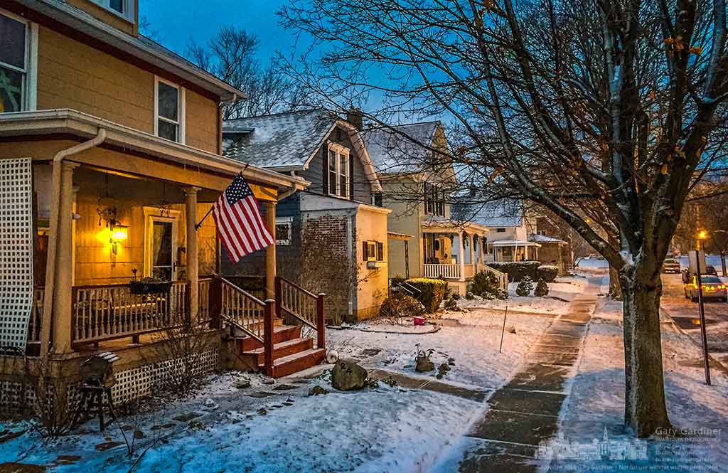 The first snowfall of the season begins to coats homes, yards, sidewalks, and bricks in the street along Winter Street in Uptown Westerville. My Final Photo for January 10, 2016.