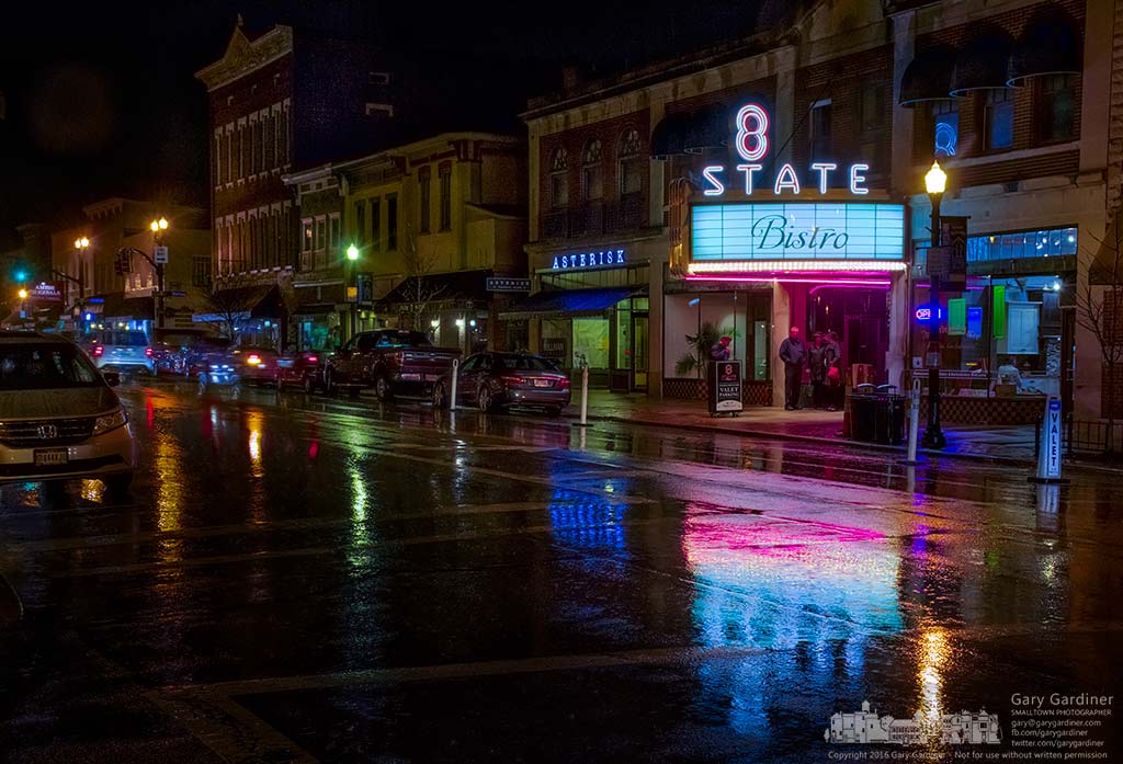 The restored marquee at 8 State Bistro in Uptown Westerville is reflected in the wet surface of State Street on a warm winter night. My Final Photo for March 10, 2016.
