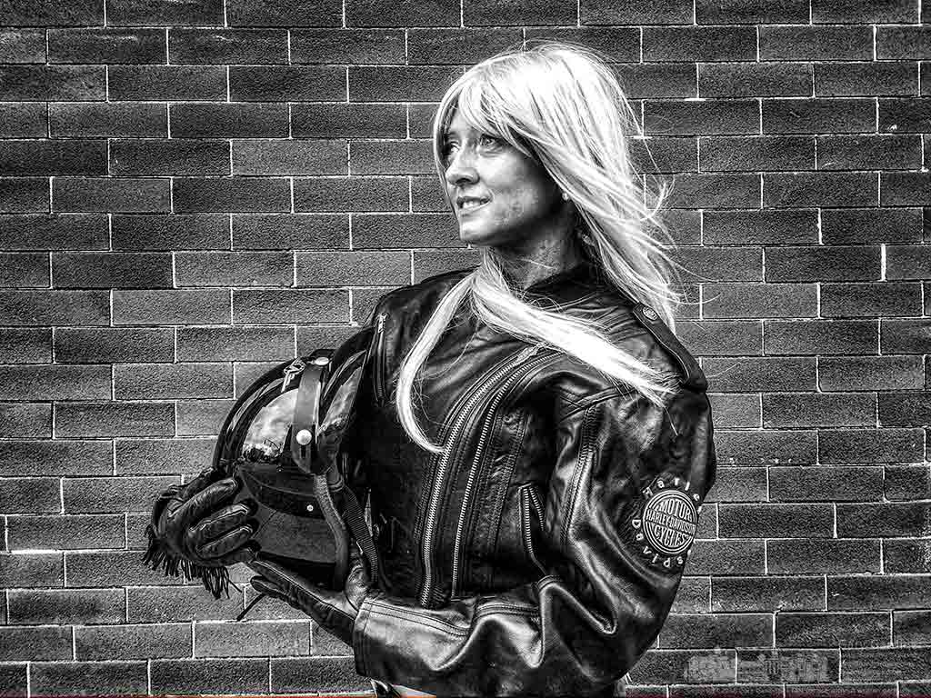 Diana poses in the afternoon sun with a motorcycle jacket from Westerville Antiques. My Final Photo for March 24, 2016.