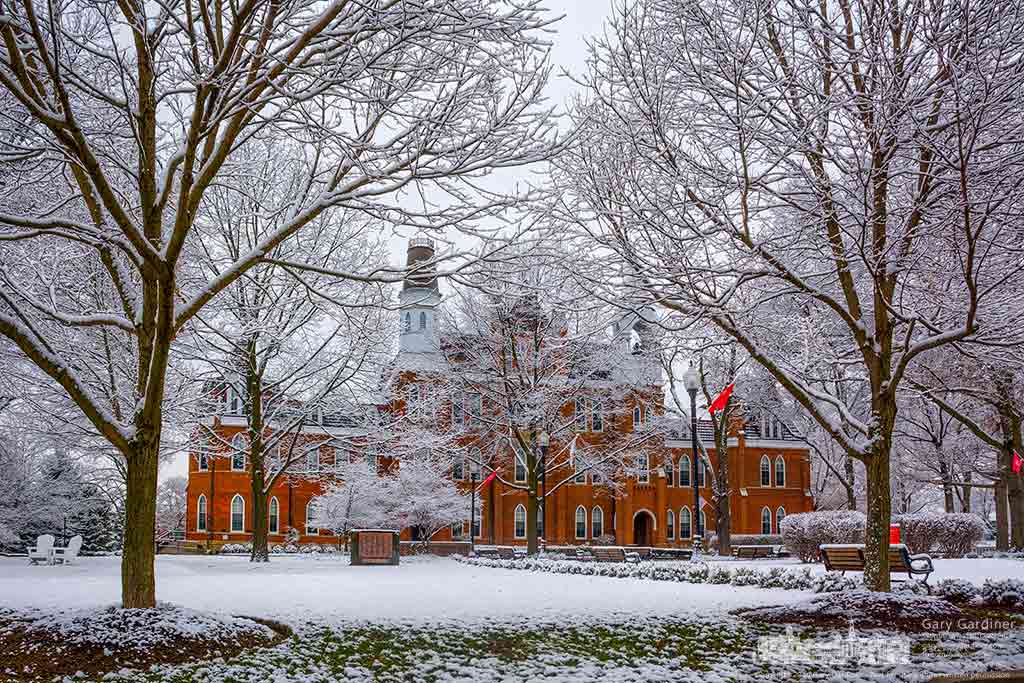 An overnight snow blankets Towers Hall and the Otterbein campus creating a winter peaceful winter tableau. My Final Photo for March 4, 2016.