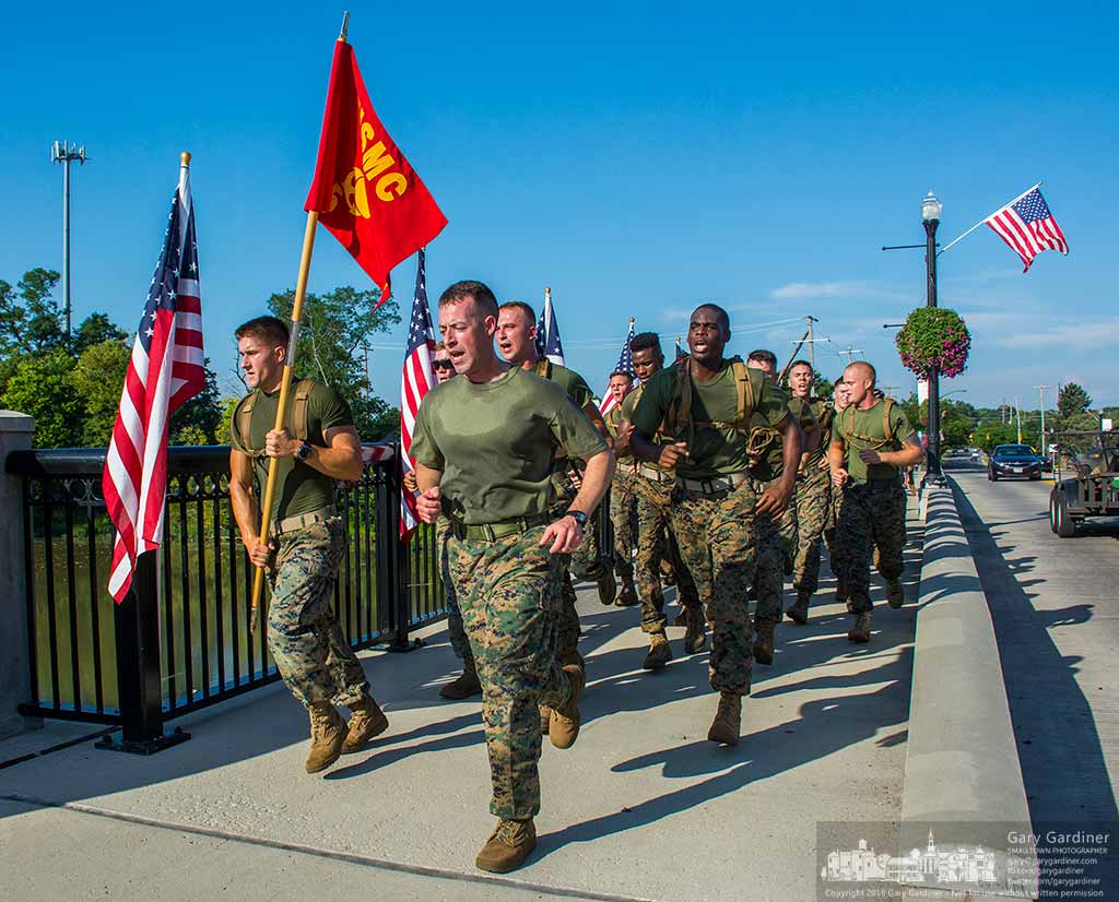 USMC Lima Company rounds the end of the Main Street bridge on their way to the last leg of the 9/11 Heroes Run Saturday morning in Westerville, Ohio. My Final Photo for Sept. 10, 2016.