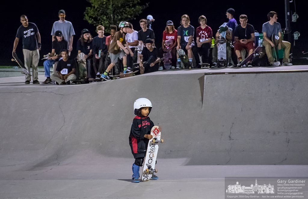 The youngest of more than 50 skateboarders prepares himself to perform in the beginners contest at the Skate Late under the lights at Westerville Skate Park. My Final Photo for September 3, 2016.