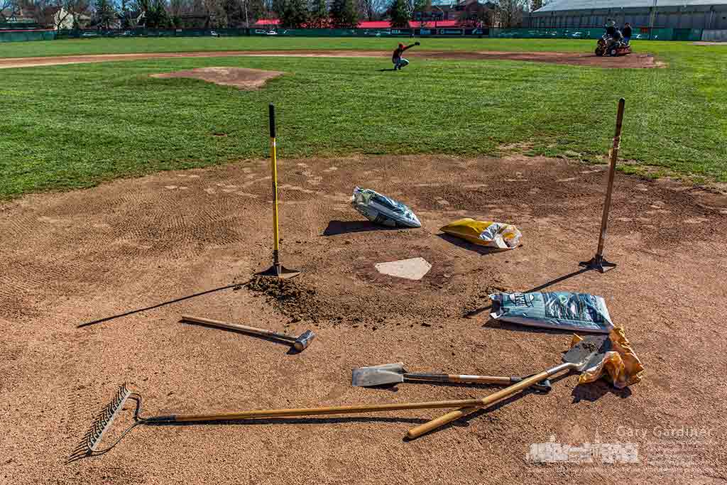 Seasonal repair tools and materials lie around home plate at Fishbaugh Field at Otterbein as the team prepares for its first home game Thursday afternoon. My Final Photo for March 7, 2017.