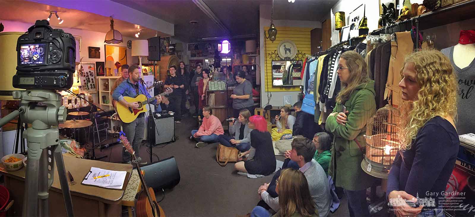 Sean Marshall with Near Miss performs as part of the Sofar Sounds small venue concerts in Cinda Lou Shop in Uptown Westerville. My Final Photo for March 26, 2017.