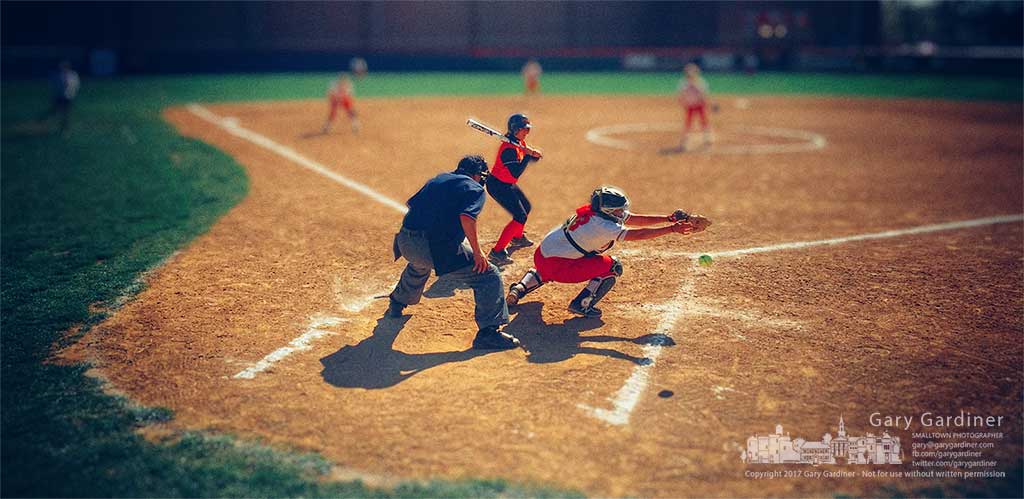 Otterbein catcher reaches for a wide pitch during the early innings of the softball team’s game against Ohio Northern Wednesday in Westerville. My Final Photo for April 5, 2017.