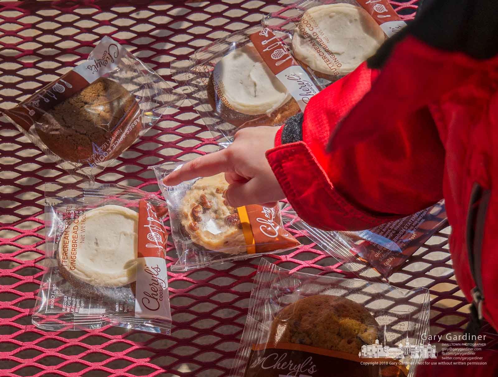 A young boy points out his choice for the buttercream frosting gingerbread cookie from the ones he collected during the Uptown Cookie Walk to help raise money for the families of two Westerville police officers who were killed. My Final Photo for March 3, 2018.