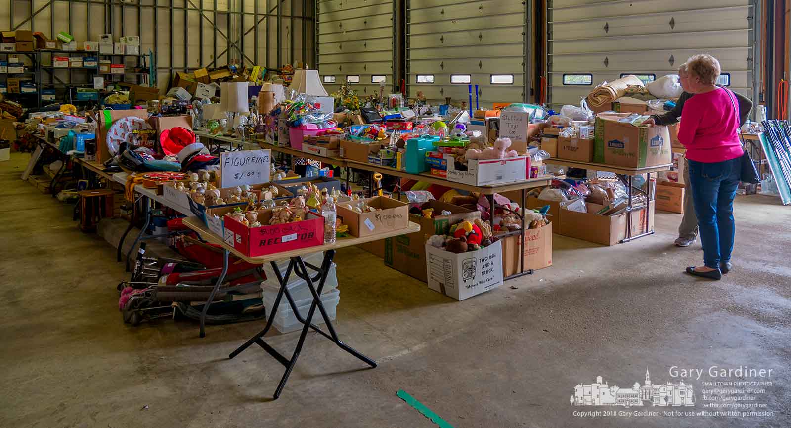 Final inspections are completed for the annual Senior Center Garage Sale in the garage behind the center beginning Thursday morning. My Final Photo for April 25, 2018.