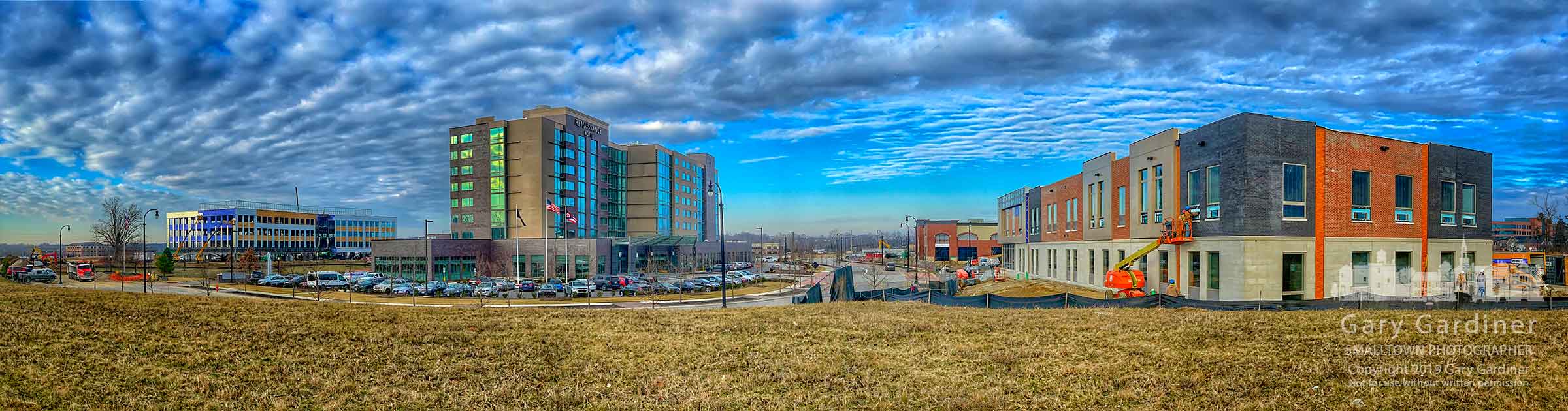A panorama photo shows, from left, the DHL headquarters building under construction, the Renaissance Hotel, and a medical building and a coworking space, both also under construction at Westar in north Westerville. My Final Photo for Feb. 27, 2019.