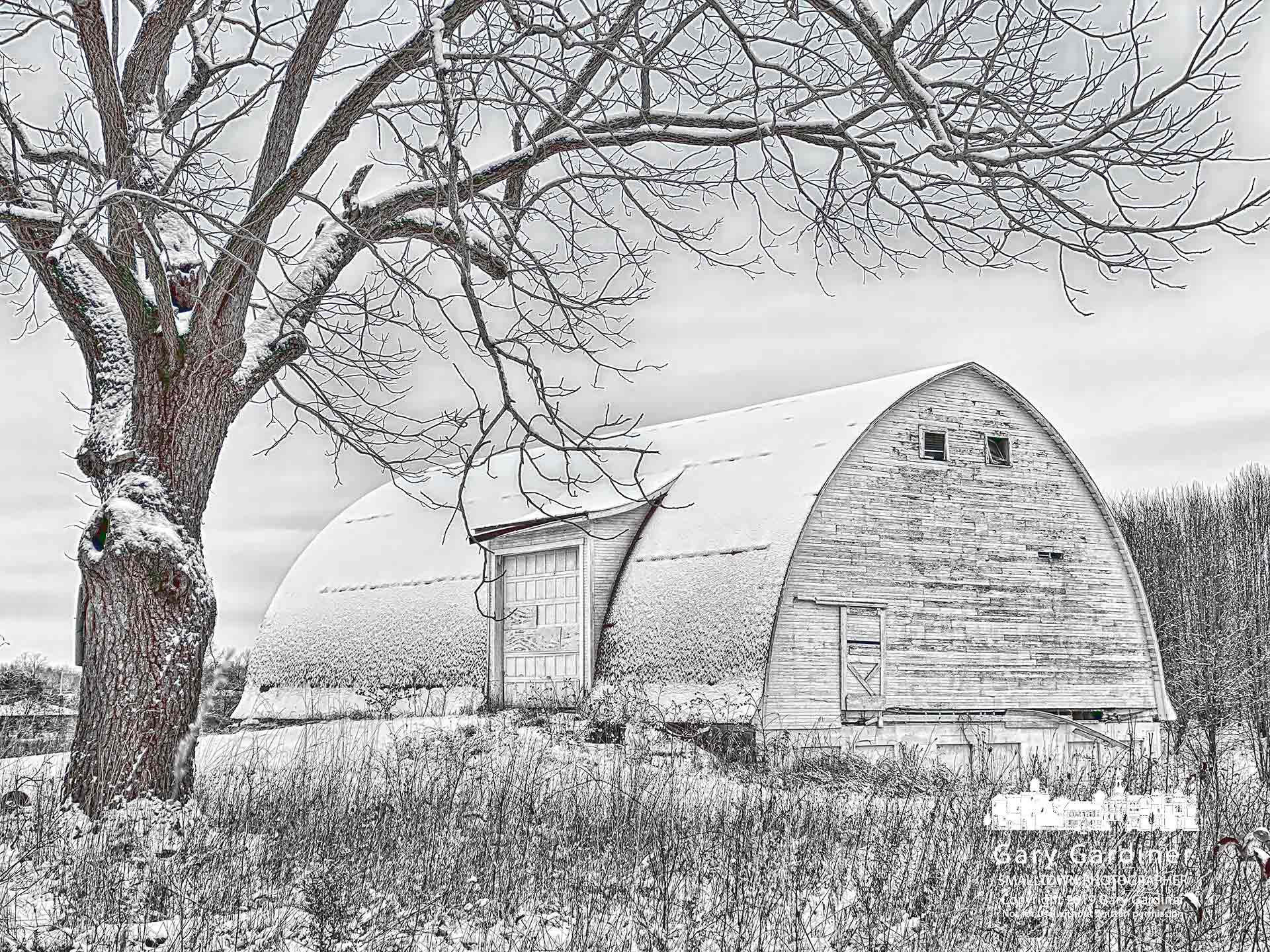 A thin layer of snow blankets the barn and land at the Braun Farm. My Final Photo for Dec. 16, 2019.