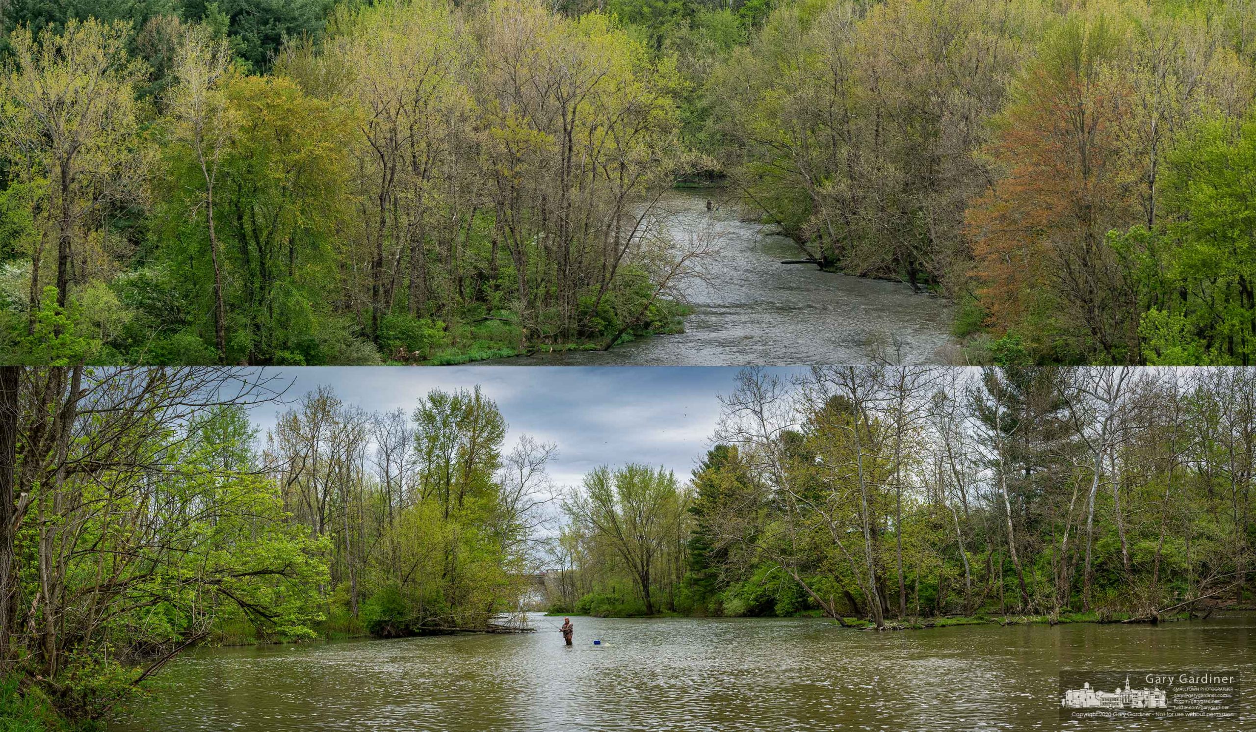 A fisherman works his lures in the center of Big Walnut Creek as seen from Hoover Dam and the shoreline south of the dam. My Final Photo for May 5, 2020.