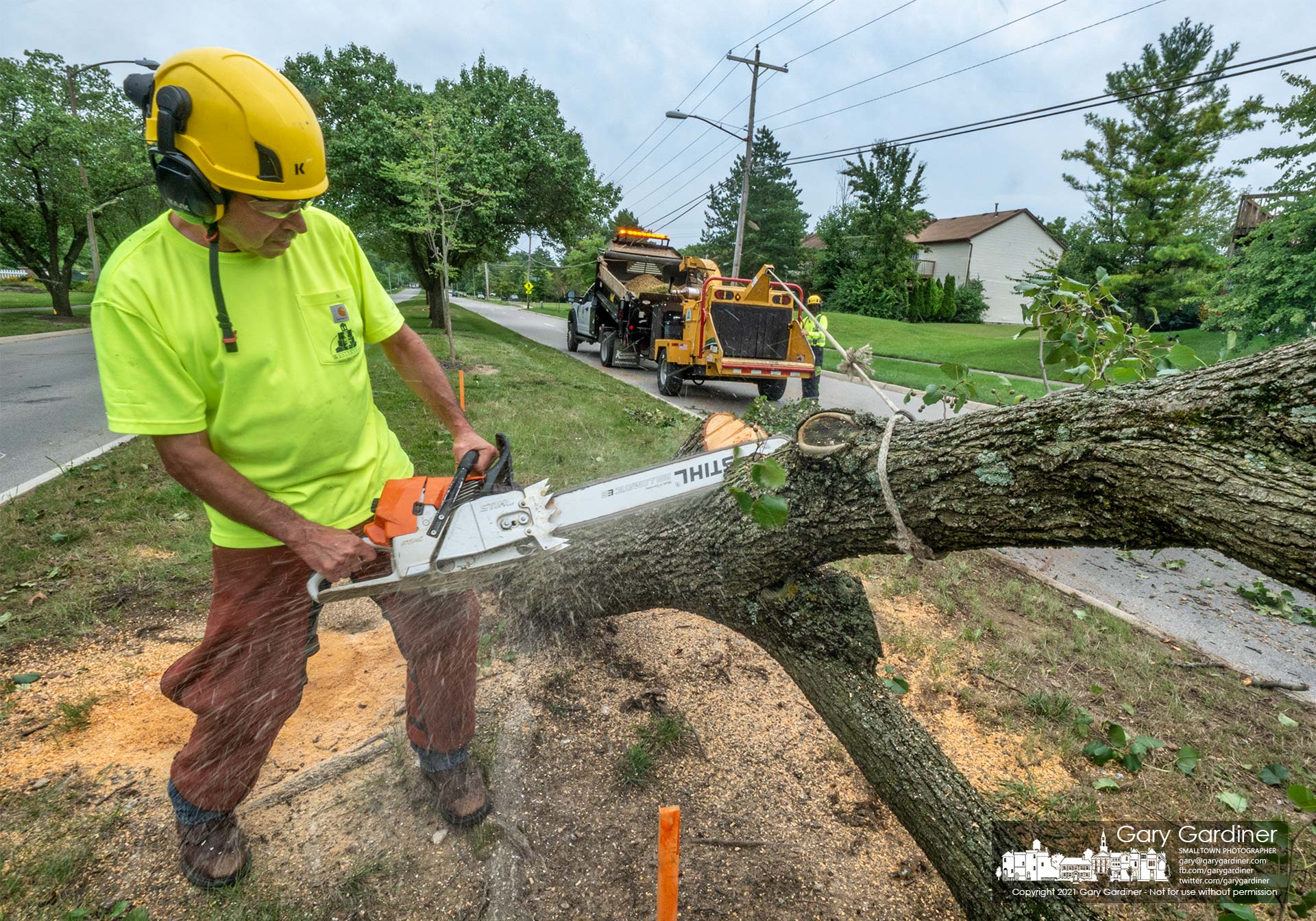 A crew removes some trees and trim others as the city prepares to install new streetlights in the median of Huber Village Blvd. My Final Photo for Aug. 19, 2021.