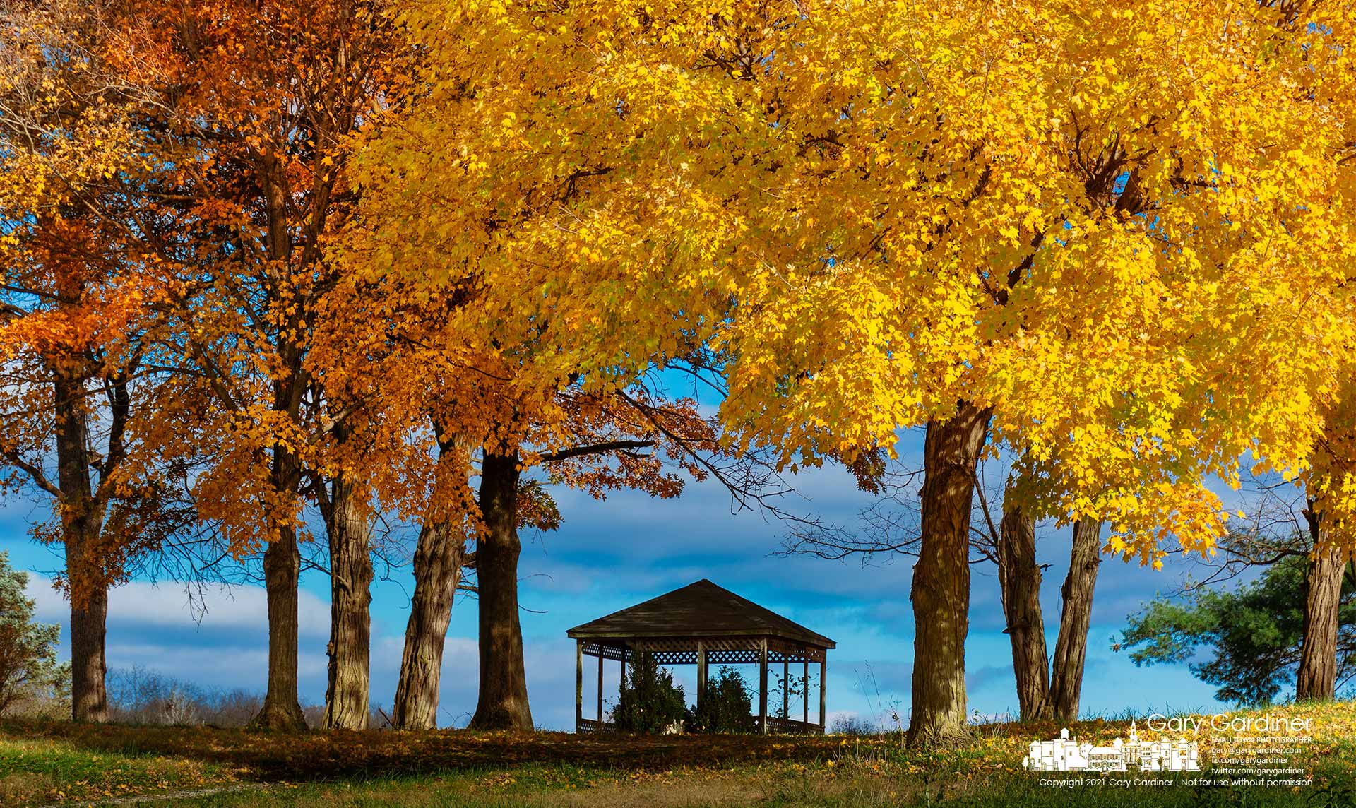 The abandoned gazebo on the Sharp Farm on Africa Road sits in the shade of maple trees bright with the colors of fall. My Final Photo for Nov. 19, 2021.