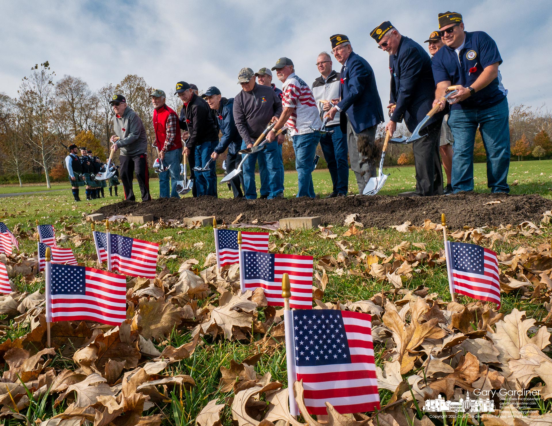 A collection of Westerville veterans participate in groundbreaking ceremonies Thursday for the Veterans Memorial to be built at the Westerville Sports Complex to replace the older memorial at the Armory which will become a co-working office space, brewery, and restaurant. My Final Photo for Nov. 11, 2021.