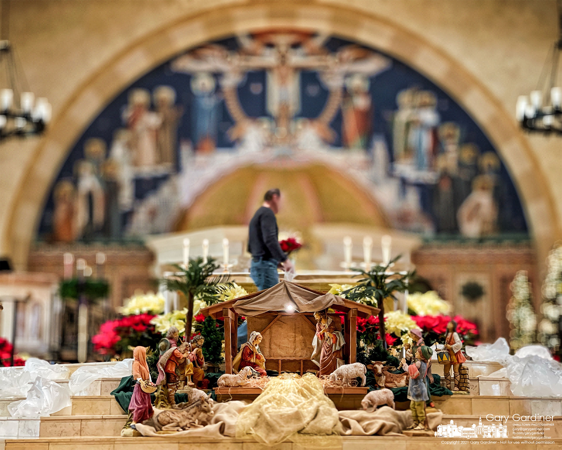 A volunteer arranges flowers around the altar and creche at St. Paul the Apostle Church in preparation for Christmas Masses. My Final Photo for Dec. 23, 2021.