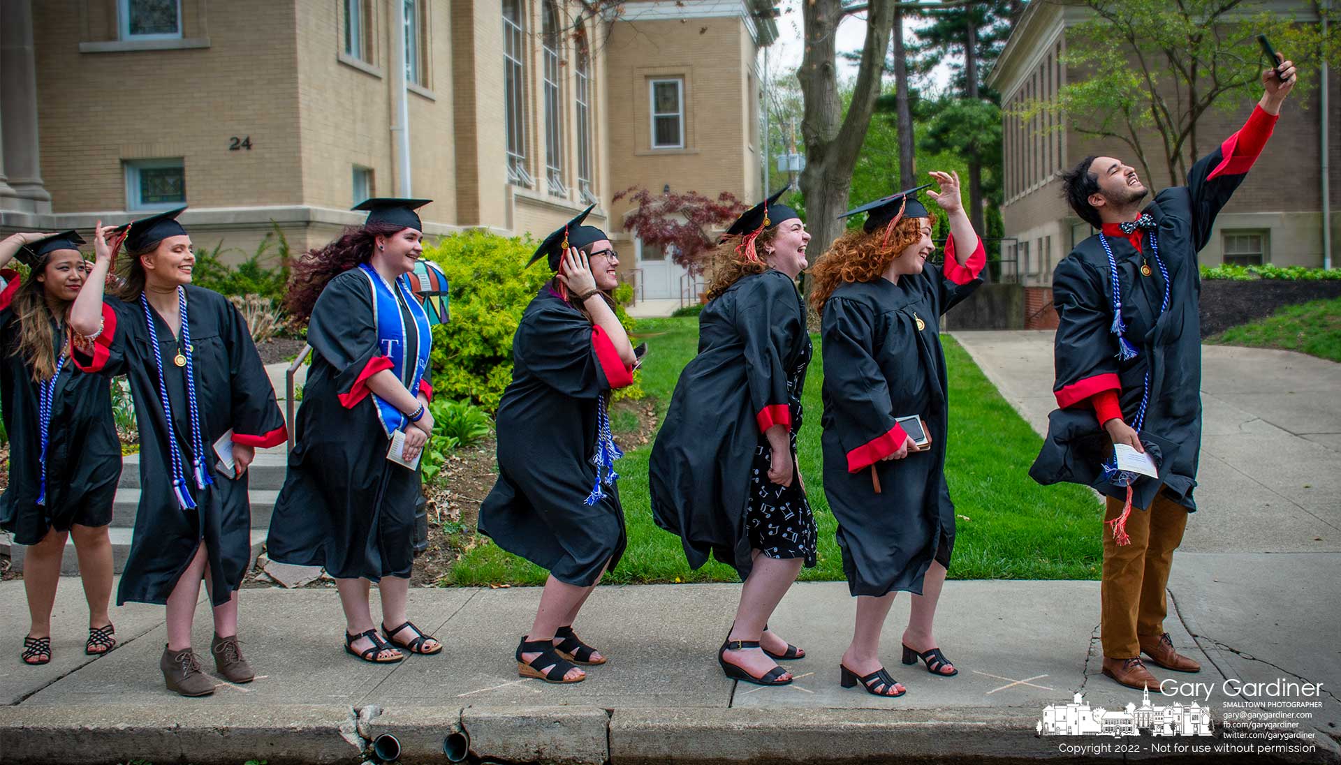 Otterbein University graduates in line for Sunday's commencement program take time for a group selfie before heading to the football stadium to receive their diplomas. My Final Photo for May 1, 2022.