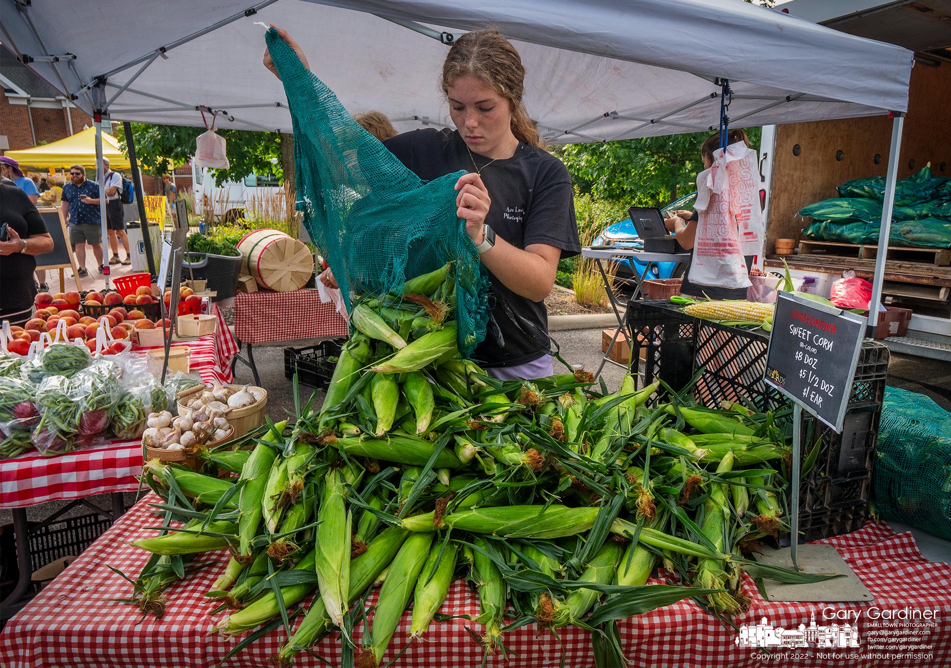 First of the season fresh corn is dumped on a table at the Rhoads Farm tent bringing another summer vegetable feast item to the Saturday Farmer's Market. My Final Photo for July 9, 2022.