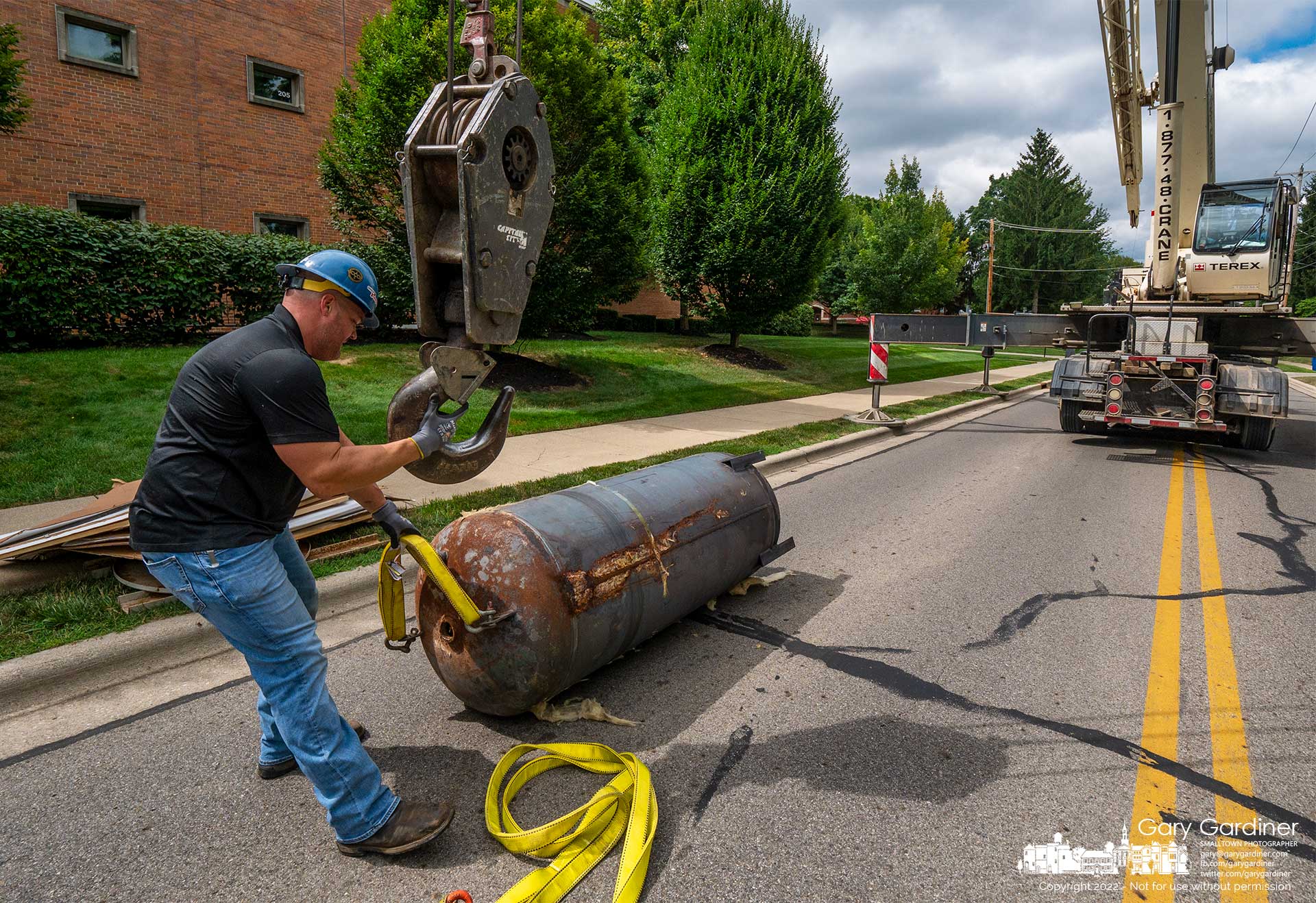 The replaced steel hot water tank from the science building at Otterbein University is moved onto West Main Street for disposal as the building gets a few upgrades before classes start next week. My Final Photo for August 16, 2022.