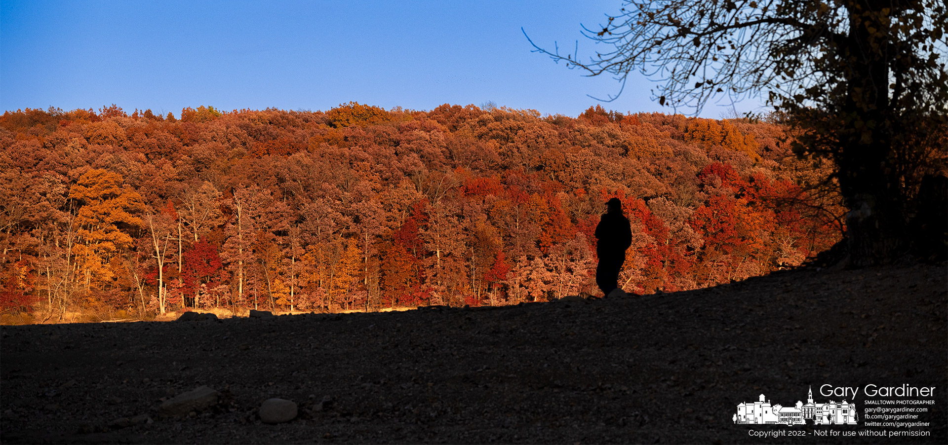A man walks in shadows along the shoreline of Hoover Reservoir where the sunset shines on the trees across the lake. My Final Photo for October 28, 2022.