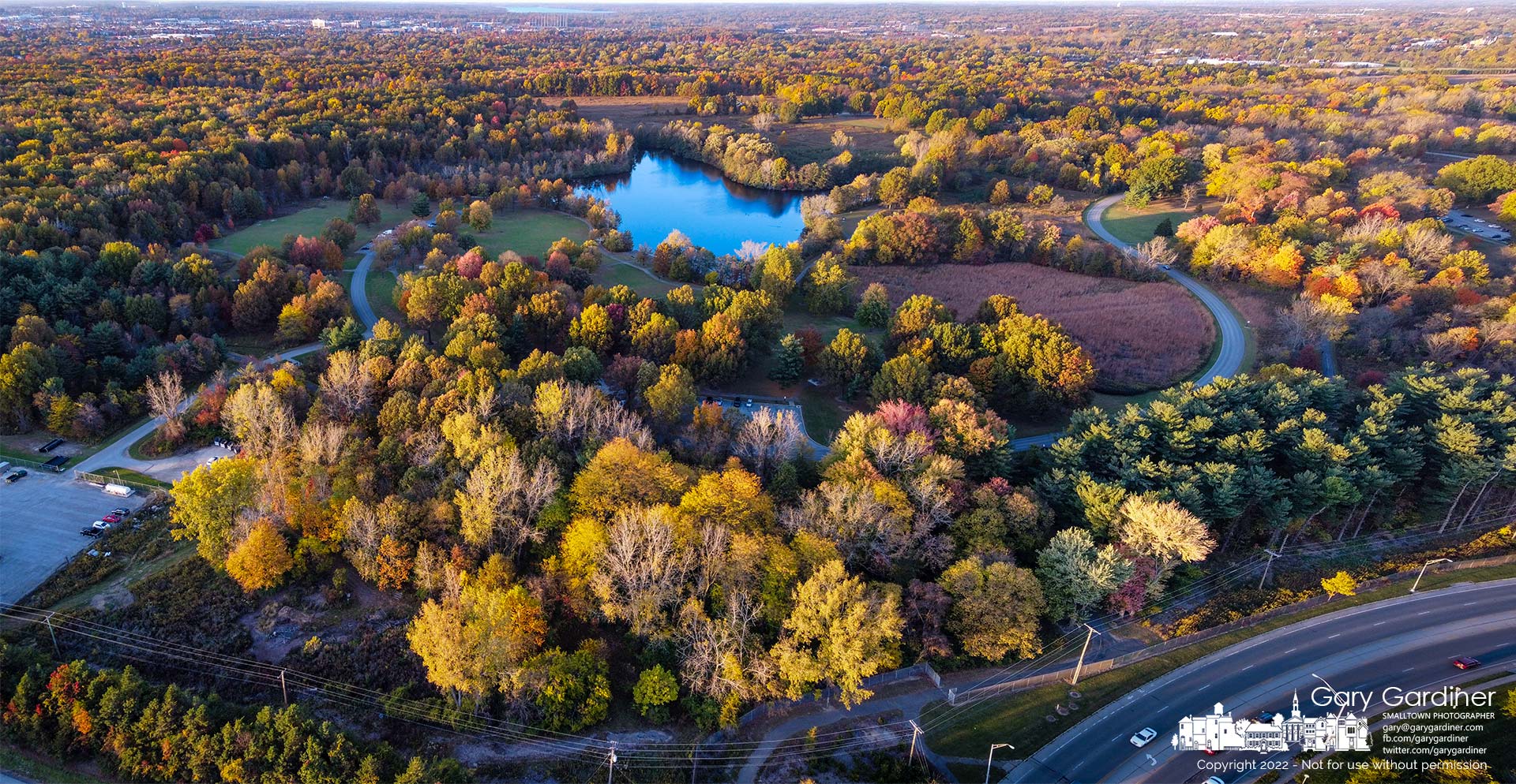 Schrock Lake at Sharon Woods Metro Park offers a still blue spot in the center of fall colors. My Final Photo for October 14, 2022.