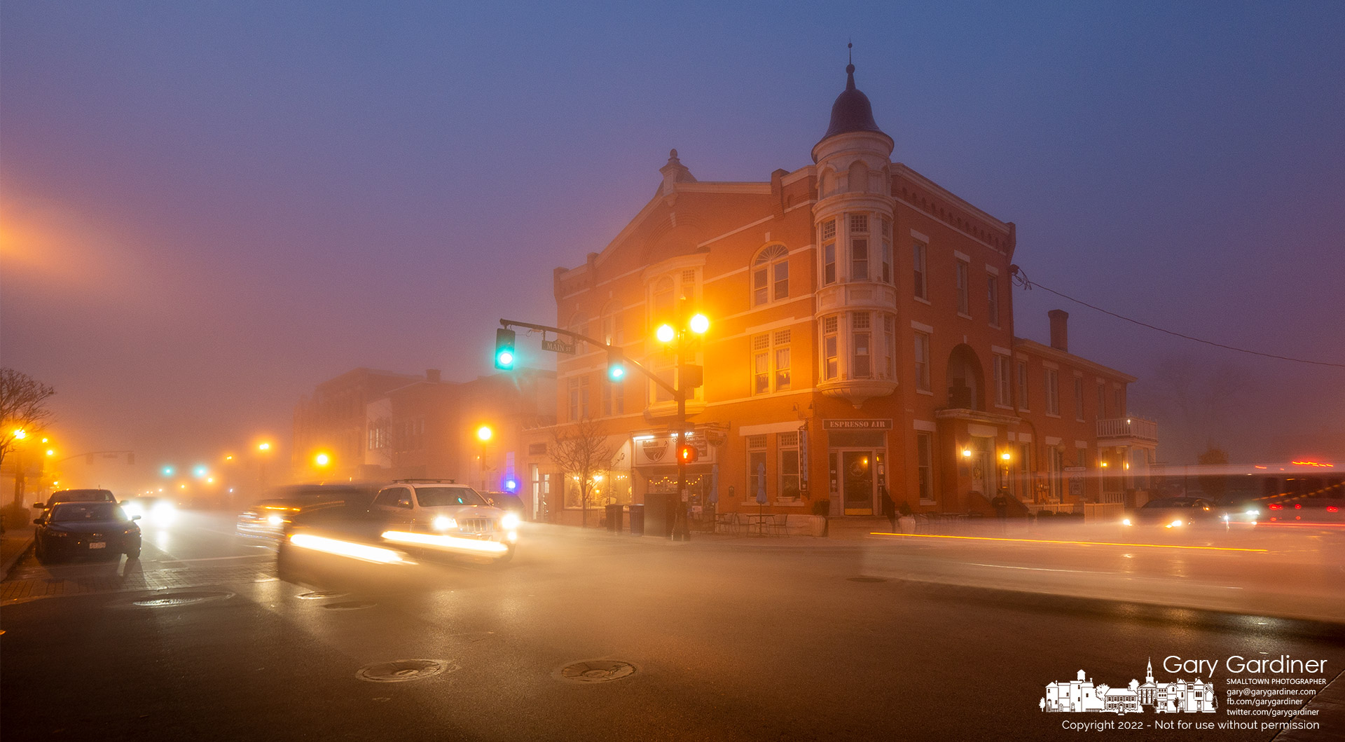 Drivers move through State and Main in fog-shrouded Uptown Westerville before sunrise Wednesday. My Final Photo for Nov. 2, 2022.