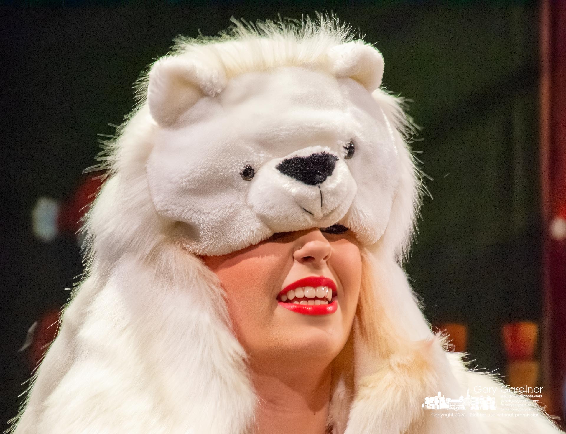 A Generations dancer peers from beneath the polar bear costume that fell over her eyes during a dress rehearsal for the troupe's Christmas show at Cowan Hall this weekend. My Final Photo for December 15, 2022.