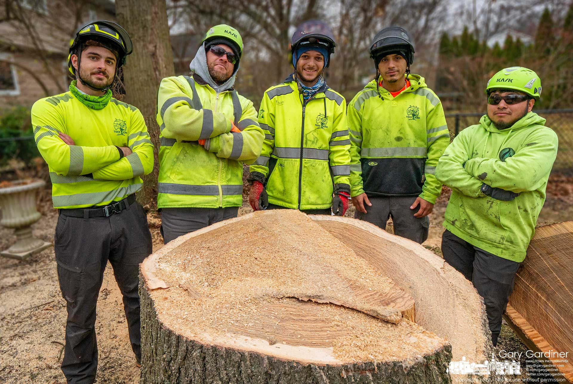 Five of the workers that removed a tree from a yard in Annehusrt pose beside the trunk of the more than 60-year-old oak as they near completion of the day-long job. My Final Photo for December 8, 2022.