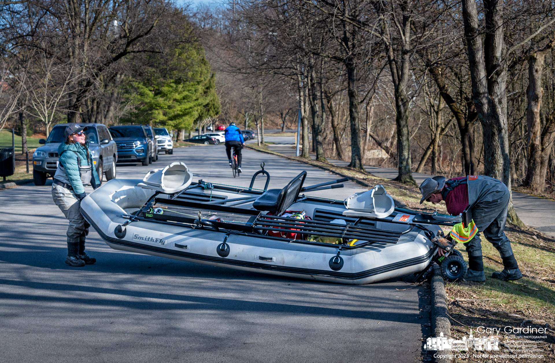A pair of anglers retrieve their boat from the shoreline at Alum Creek Park North at the completion of a fishing trip down Alum Creek from the dam at Alum Creek State Park to Westerville. My Final Photo for February 26, 2023.