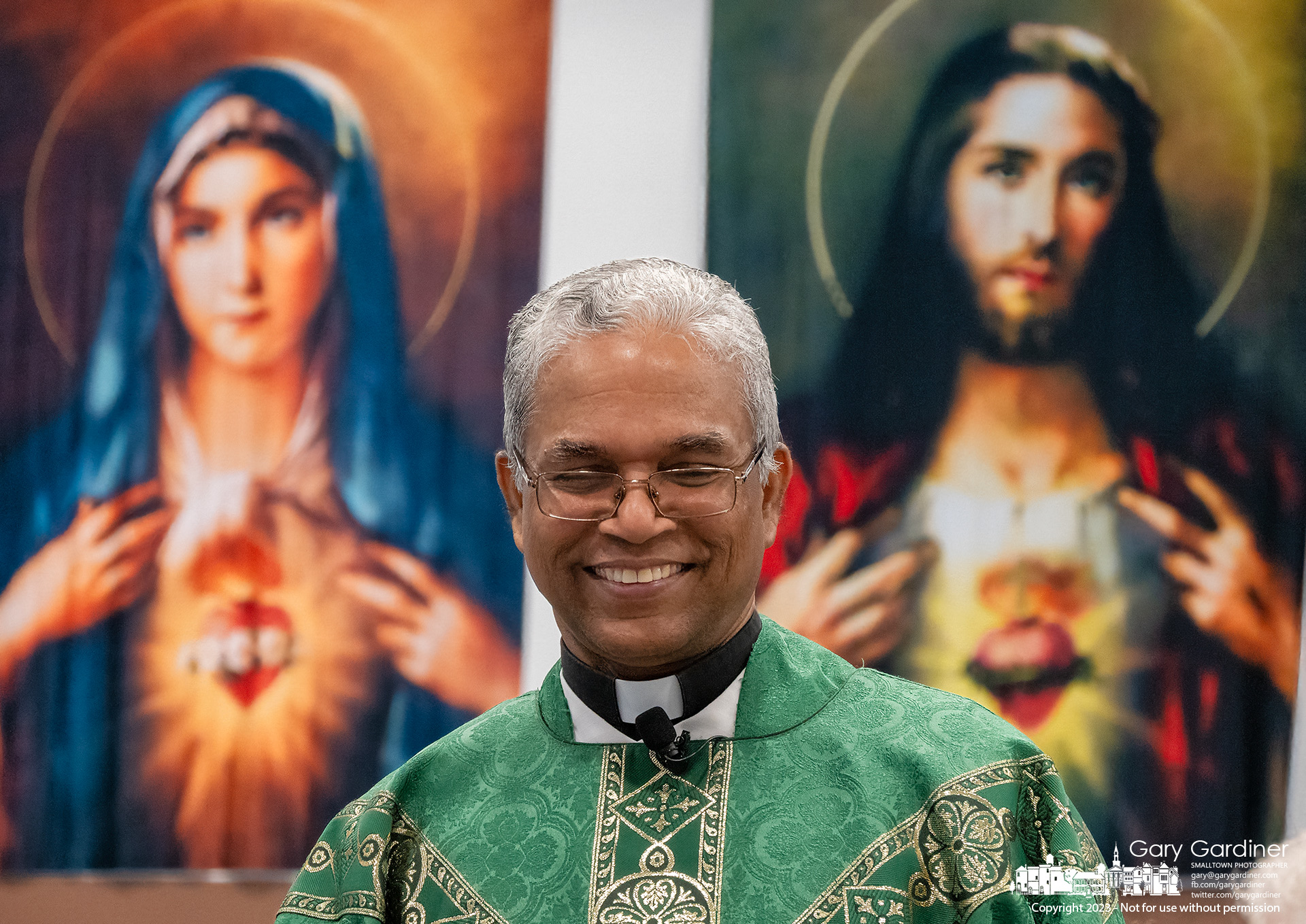 Fr. Antony Varghese smiles as he is greeted at a coffee and donut reception following his first Mass Sunday morning as a new Parochial Vicar at St. Paul the Apostle Catholic Church n Westerville. My Final Photo for July 16, 2023.