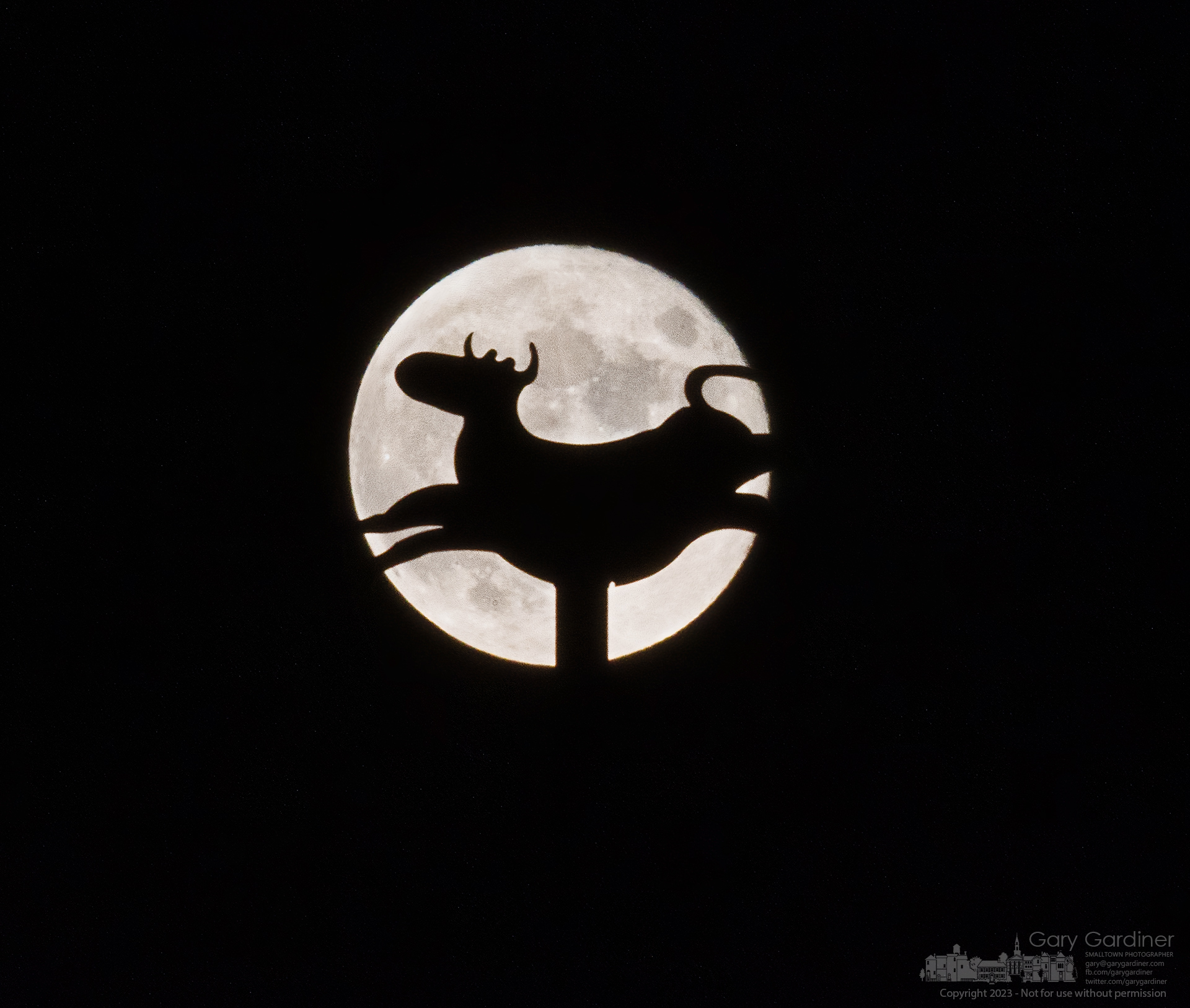The full moon rises behind th bovine silhouette weather vane atop the roof at Nationwide Childrens Hospital in Westerville. My Final Photo for September 29, 2023.