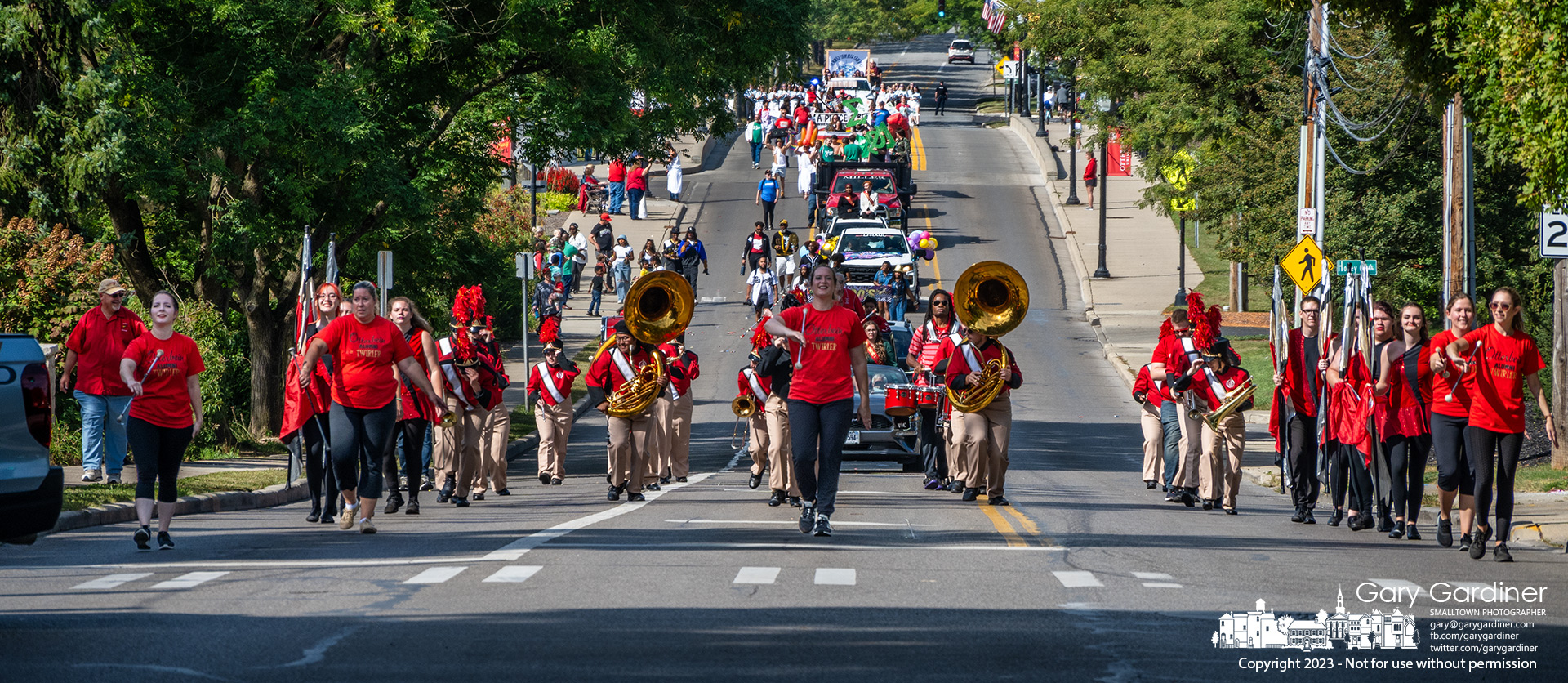 The Otterbein Marching Band leads the school's homecoming parade across the Main Street bridge toward Grove Street for the final procession through campus before ending near the football field for the afternoon game. My Final Photo for September 16, 2023.