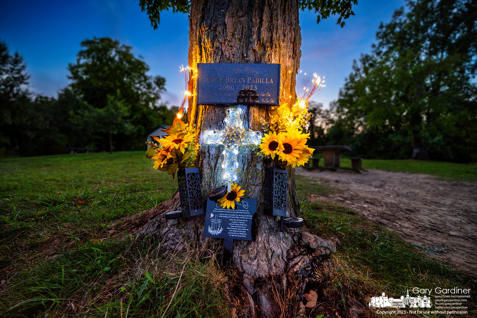 Solar-powered lights illuminate a memorial erected for Jorge Bryan Padilla at the base of a maple tree at the edge of Hoover Reservoir at Red Bank Park. My Final Photo for September 2, 2023.