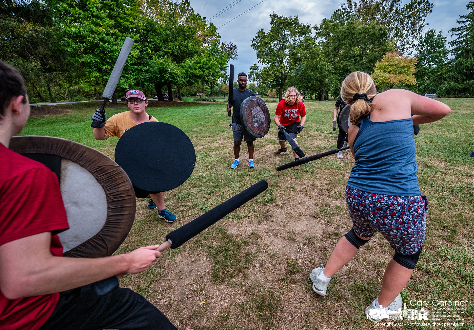 Medieval warriors strike with foam swords, lances, and projectiles during a series of battles Wednesday afternoon on the playing field at Alum Creek Park North. My Final Photo for September 27, 2023.