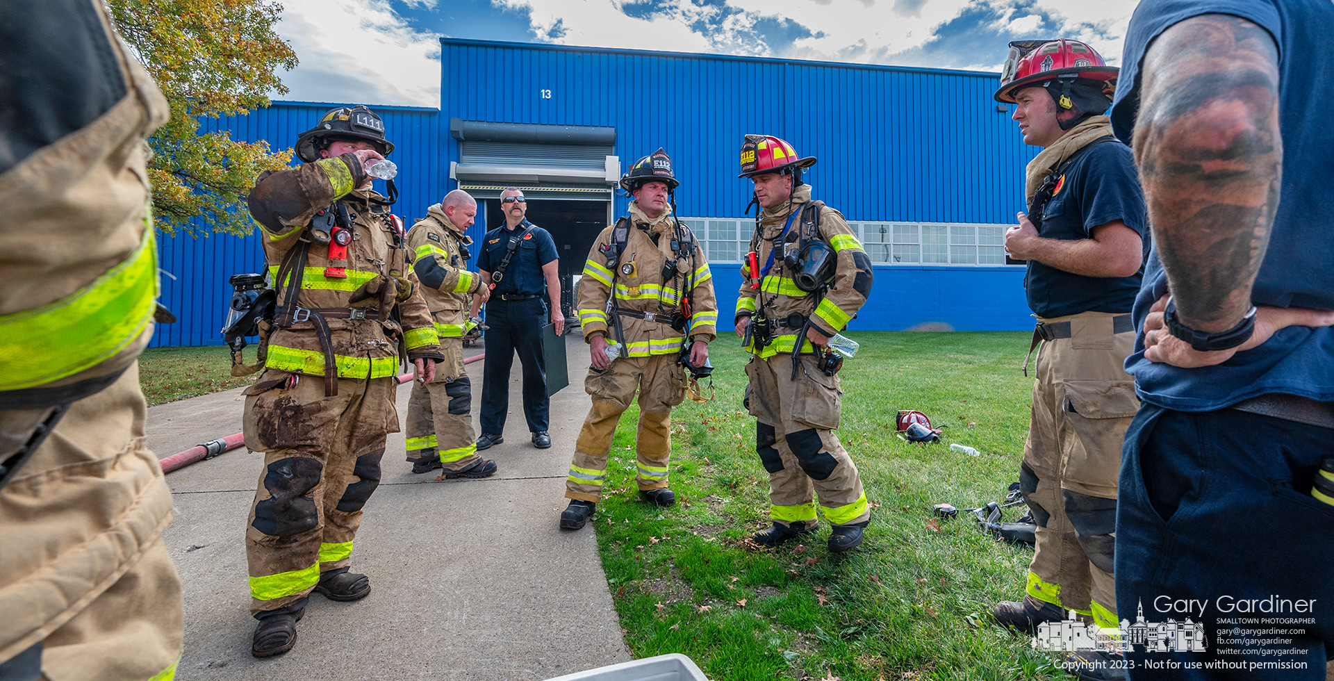 Westerville firefighters hold an unofficial after-action report meeting after putting out a fire at Worthington Industries on Maxtown Road. My Final Photo for October 25, 2023.