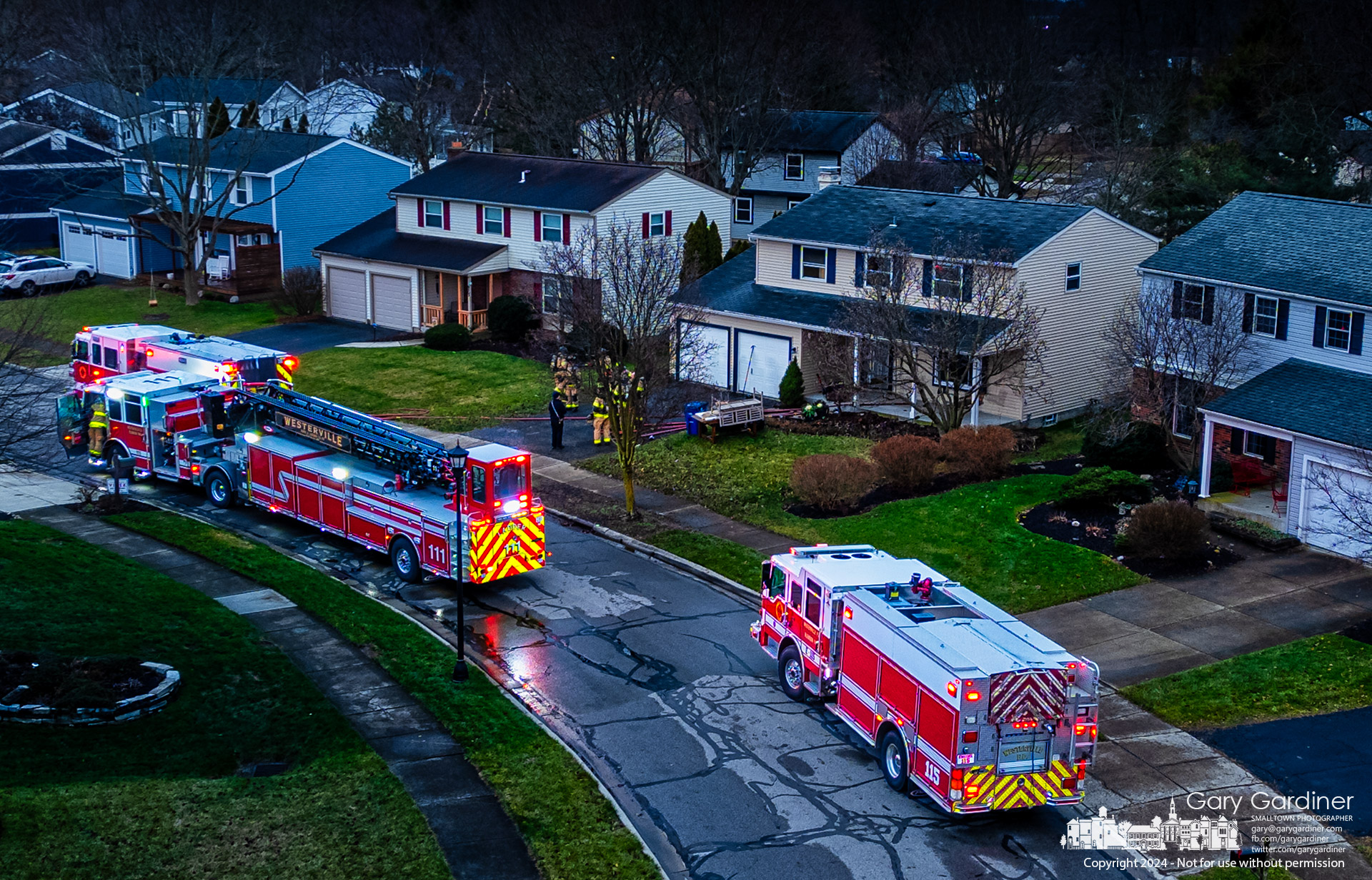 Westerville fire fighters prepare to leave the scene of a minor ceiling fan fire at an unoccupied house undergoing renovation on Timberbank Drive late Wednesday afternoon. My Final Photo for January 10, 2024. 
