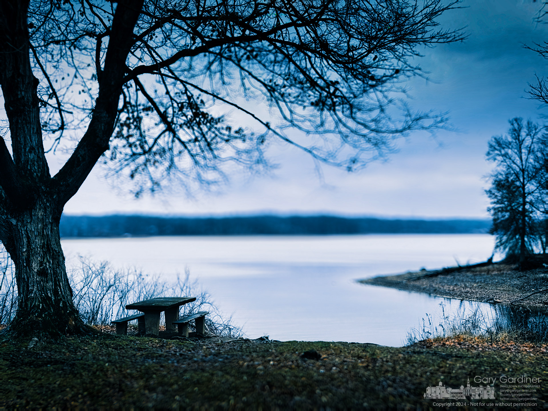 Unused picnic tables and no anglers mark a cold windy winter day at Red Bank Marina on Hoover Reservoir. My Final Photo for January 7, 2024.