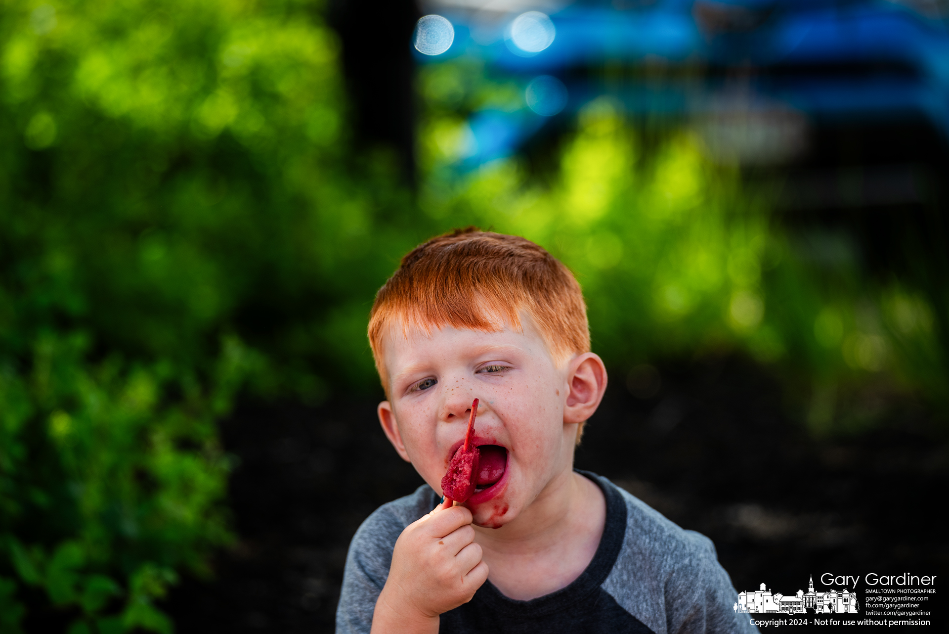 Almost five-year-old Walter gnaws on the stubble of the "Too Good Eats" red pop in the shade of a tree at the Saturday Farmers Market in Uptown Westerville. My Final Photo for June 1, 2024.