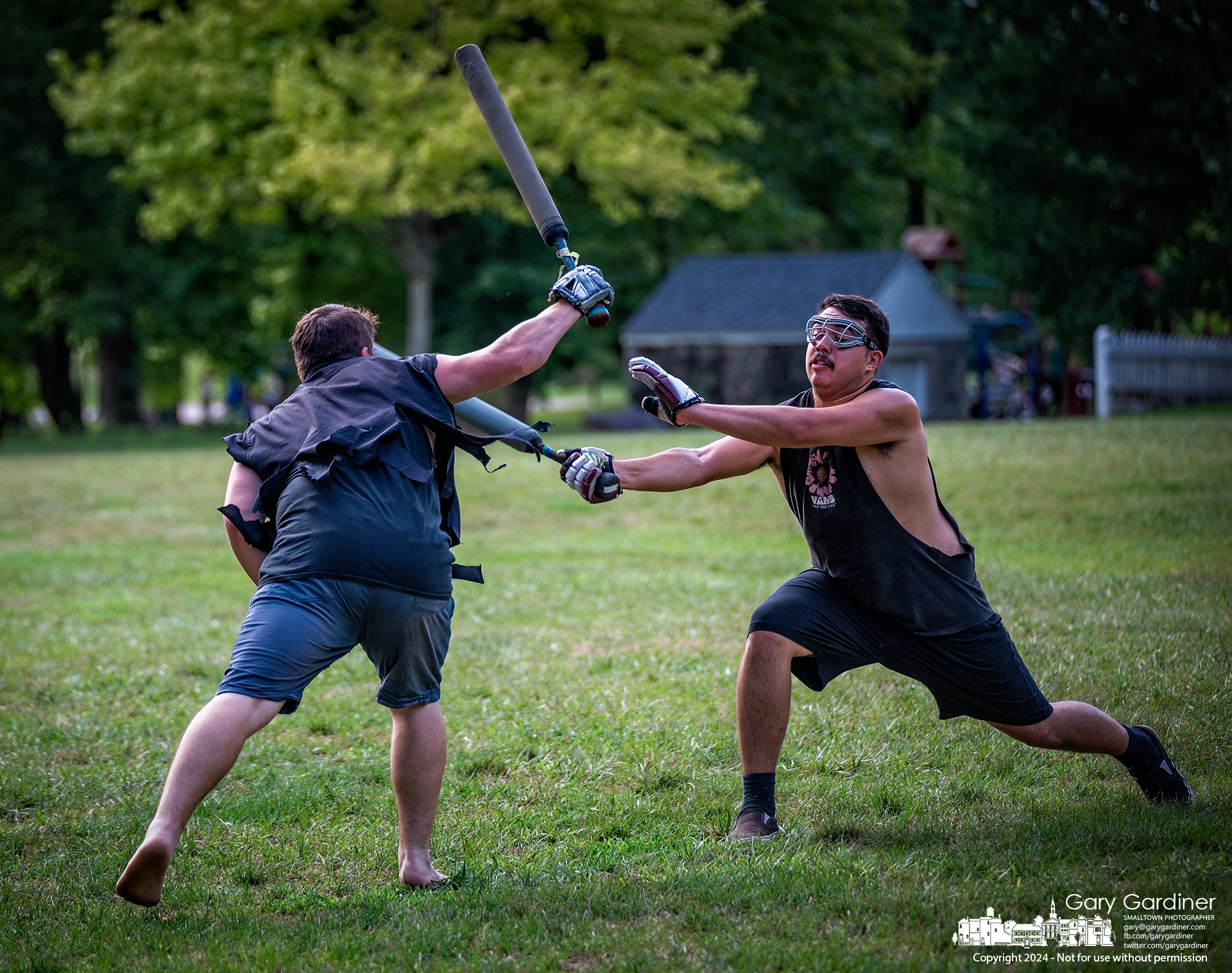 Belegarth Grim's Keep warriors battle each other during a Wednesday evening practice session at Alum Creek Park North. My Final Photo for August 7, 2024.