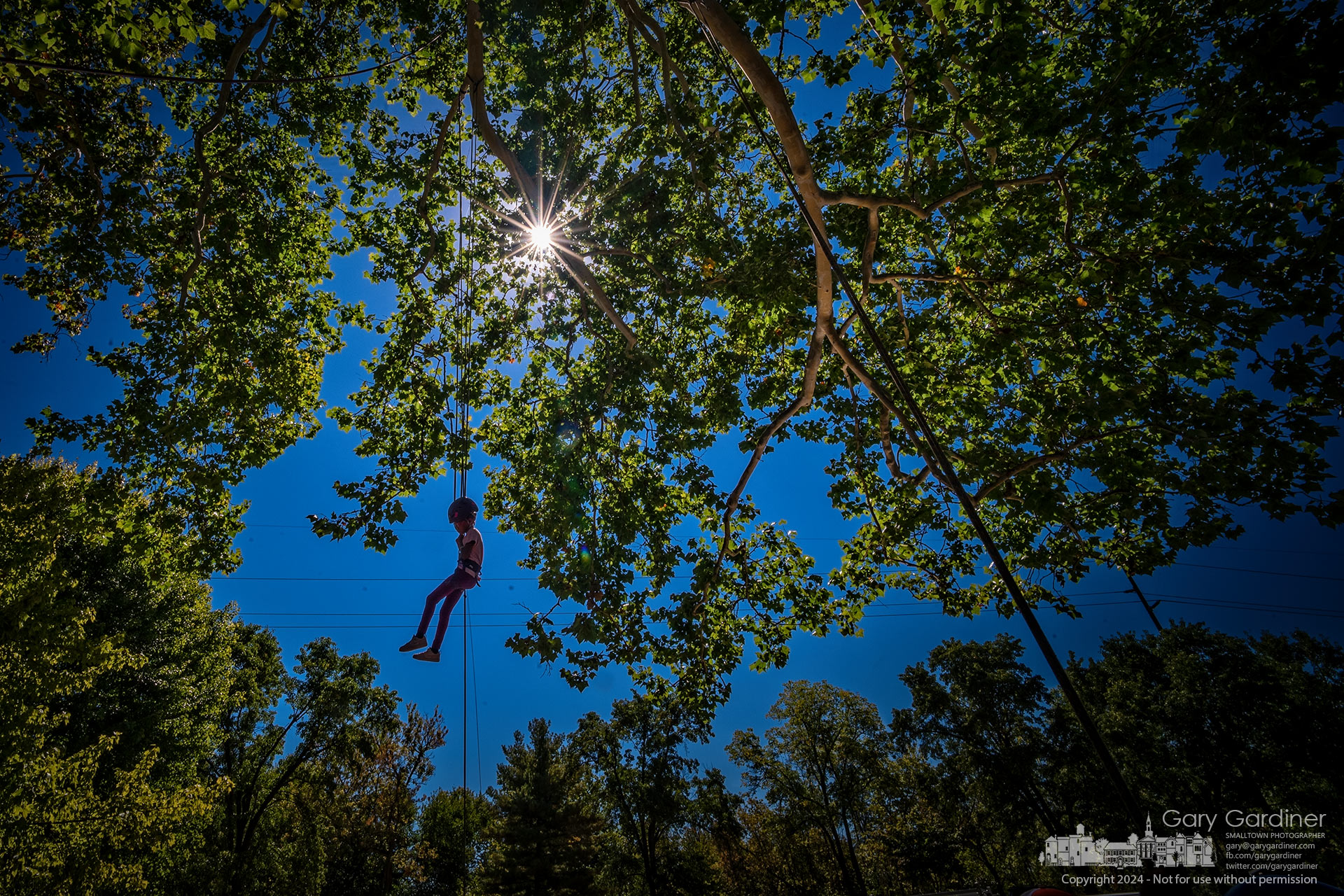 A young girl dangles from a climber's rope hanging from a cottonwood tree during Arbor Fest in Alum Creek Park Saturday. My Final Photo for September 21, 2024.