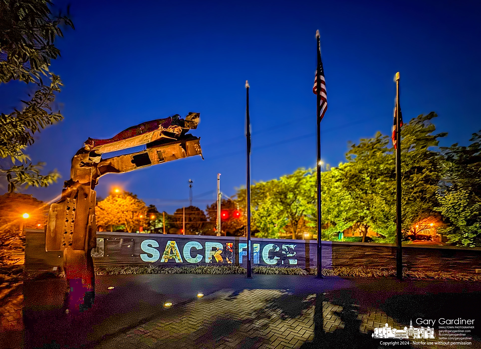 Words used to dedicate First Responders Park are projected on the 9/11 timeline wall adjacent to C-40, the section of steel girder from the World Trade Center initially installed as part of the Firefighter Memorial at the park. My Final Photo for September 10, 2024.