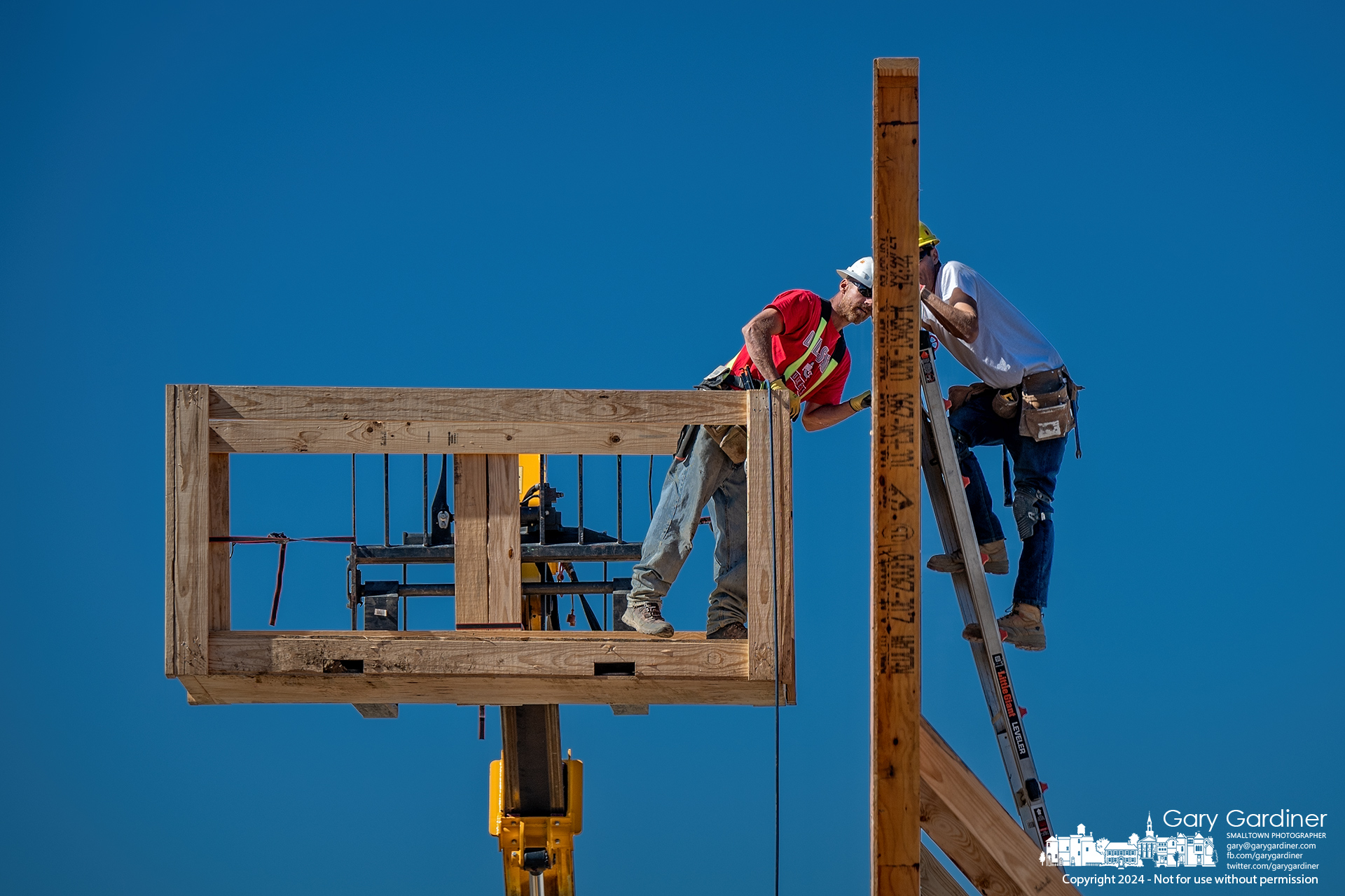 Construction workers align pre-built panels used for the exterior walls of the new Chick-fil-A restaurant being built on Polaris Parkway in Westerville. My Final Photo for October 10, 2024.