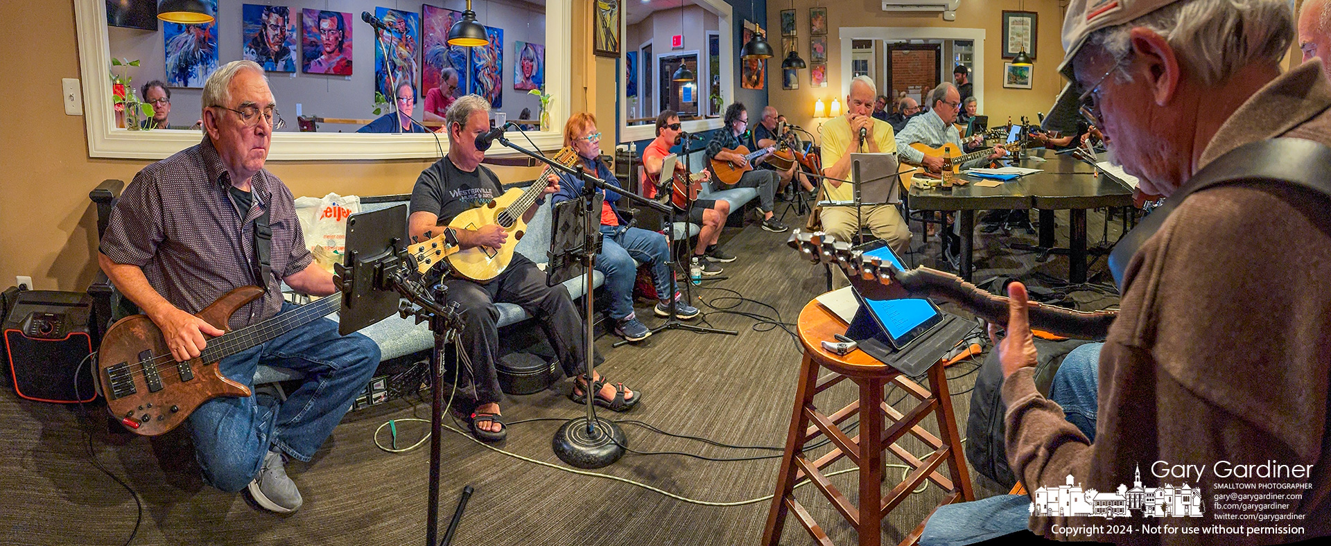 Guitarists fill the stage room at Java Central with their usual Tuesday evening performance of favored songs. My Final Photo for October 8, 2024.