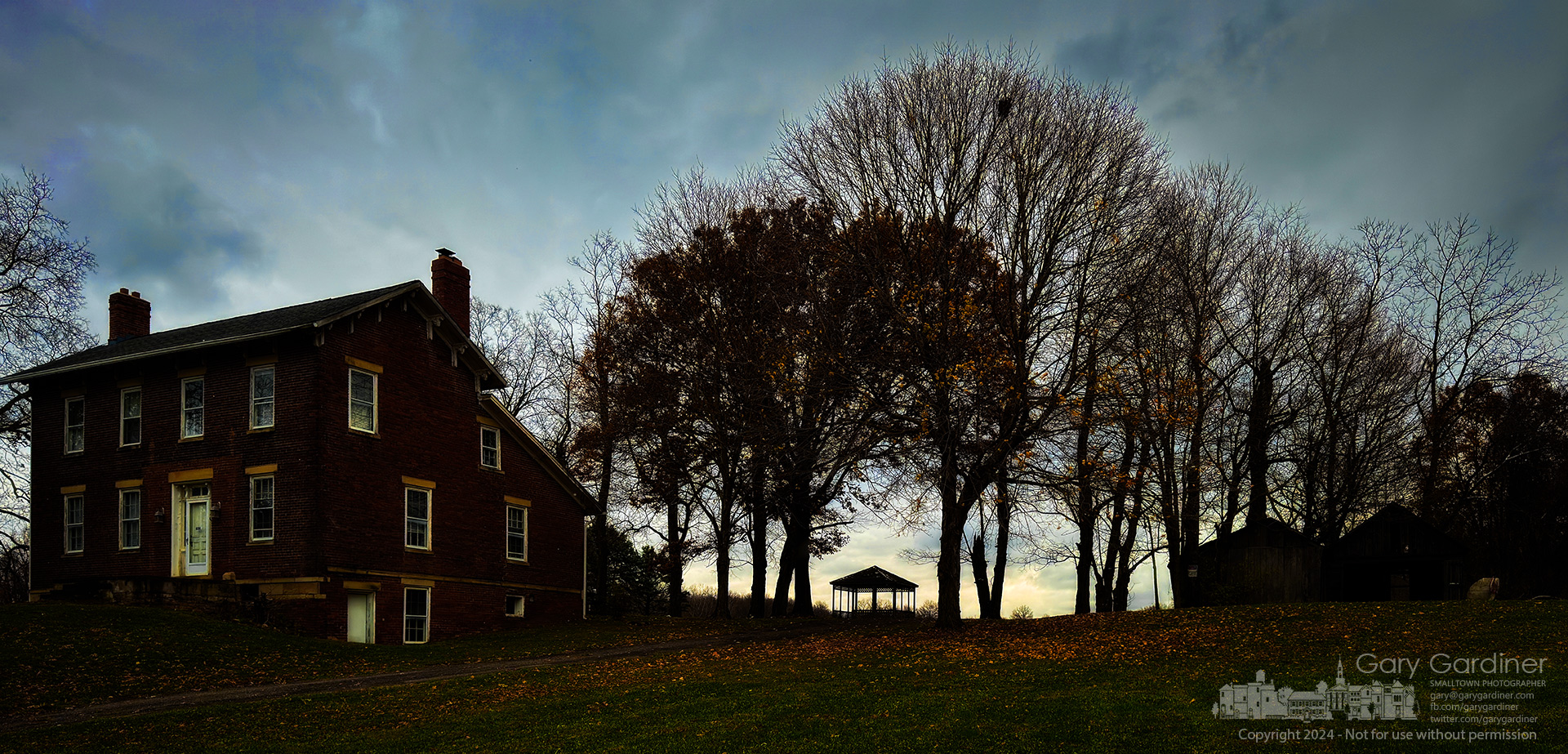 The colors at the end of a cold winter day settle over the Sharp Farmhouse, gazebo, and outbuildings. My Final Photo for November 22, 2024.