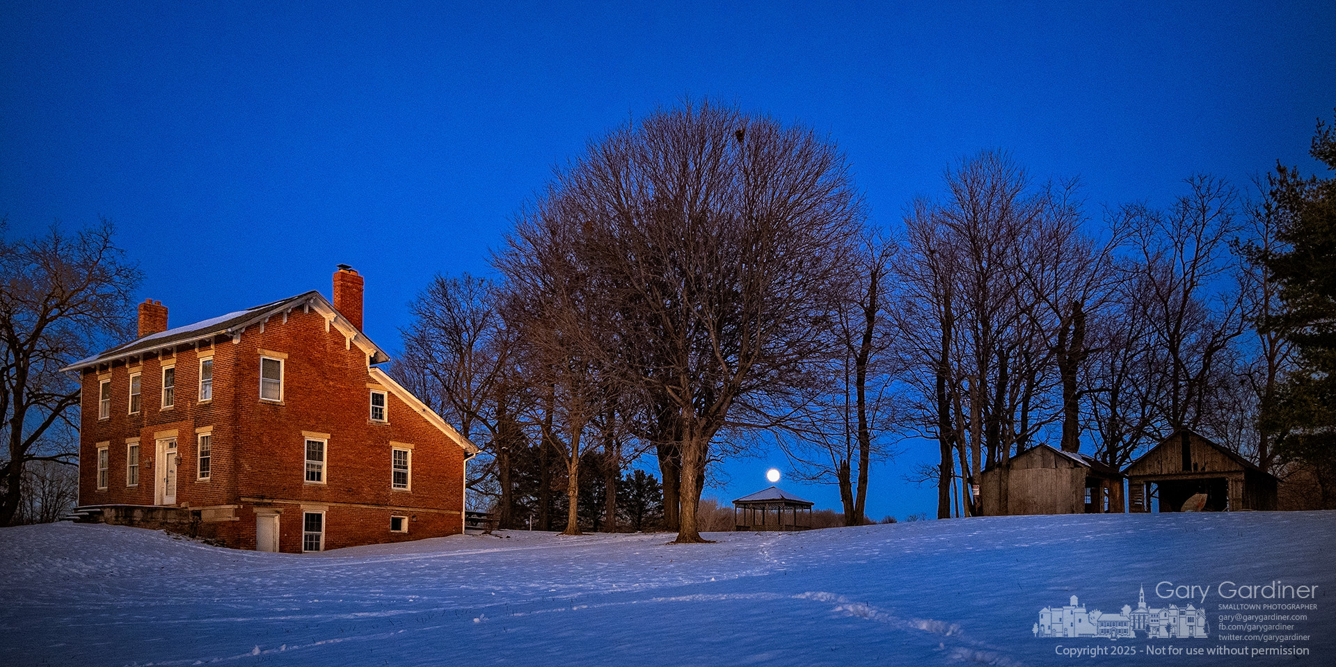 Sunset falls on the Sharp Home on Africa Road as the full moon rises over the gazebo and the field behind the historic house. My Final Photo for January 13, 2025.