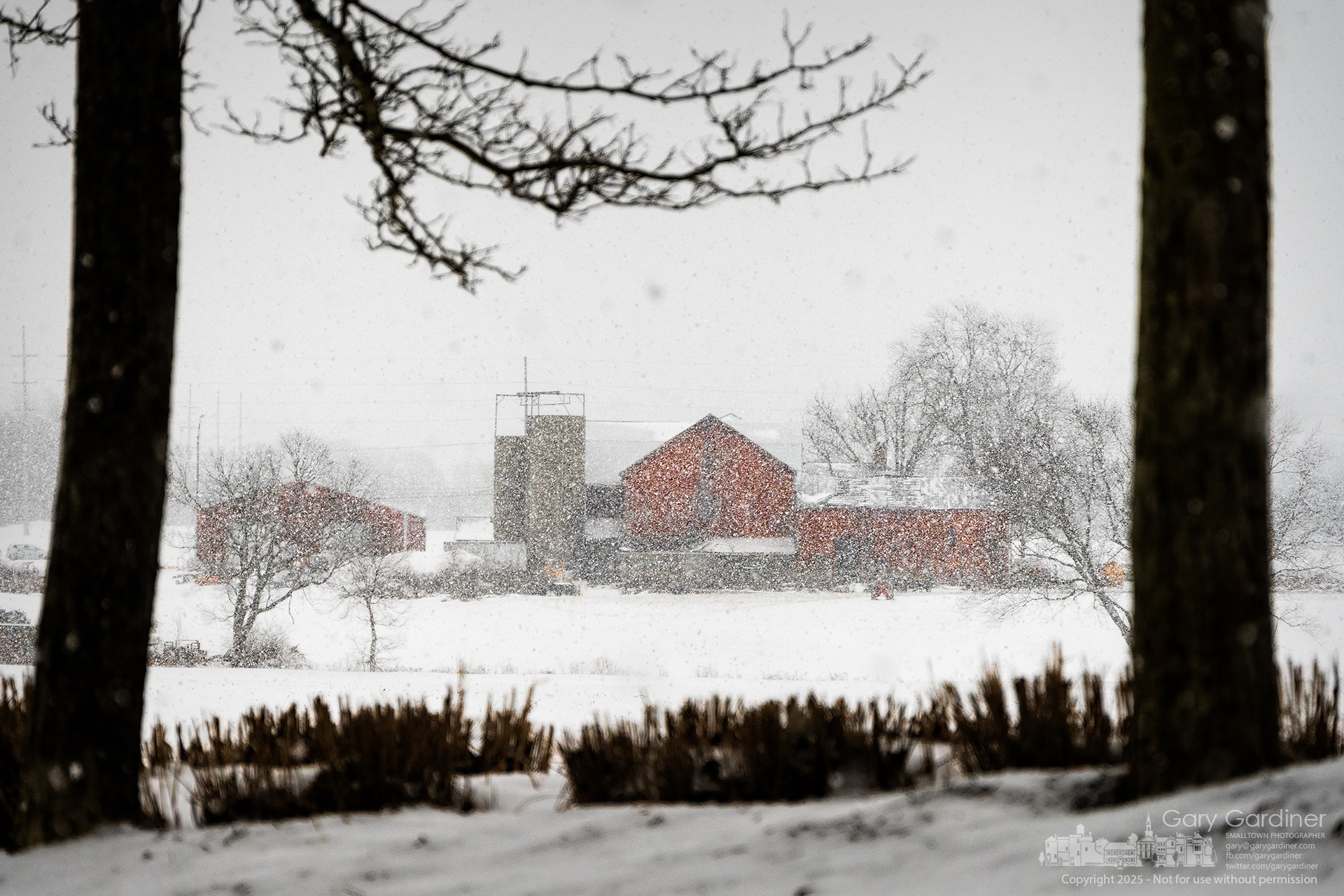 The Yarnell Farm barns and silo are partially obscured by afternoon snow showers that preceded much lower temperatures. My Final Photo for January 14, 2025.